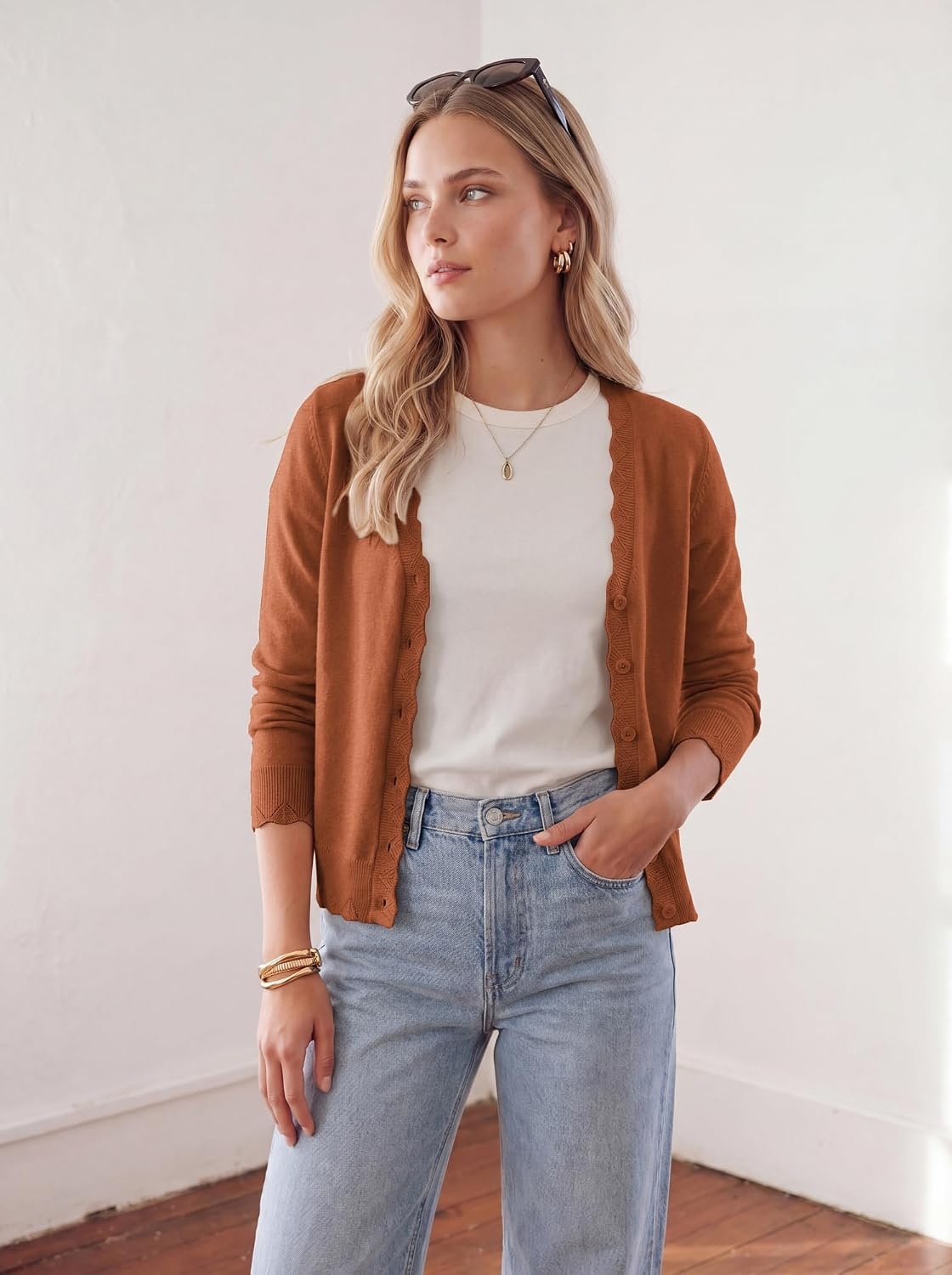 image:imageGRACE KARIN Cardigan Sweaters for Women Wool Blend Sweater Fall Fashion Button UpLong Sleeve V Neck Open FrontSoft KnitDressy Cropped ShrugsSummer Fall ClothesBusiness Casual Teacher OutfitsPumpkin Orange
