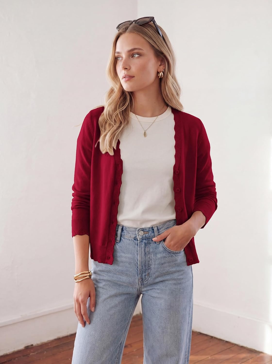 image:imageGRACE KARIN Cardigan Sweaters for Women Wool Blend Sweater Fall Fashion Button UpLong Sleeve V Neck Open FrontSoft KnitDressy Cropped ShrugsSummer Fall ClothesBusiness Casual Teacher OutfitsRed