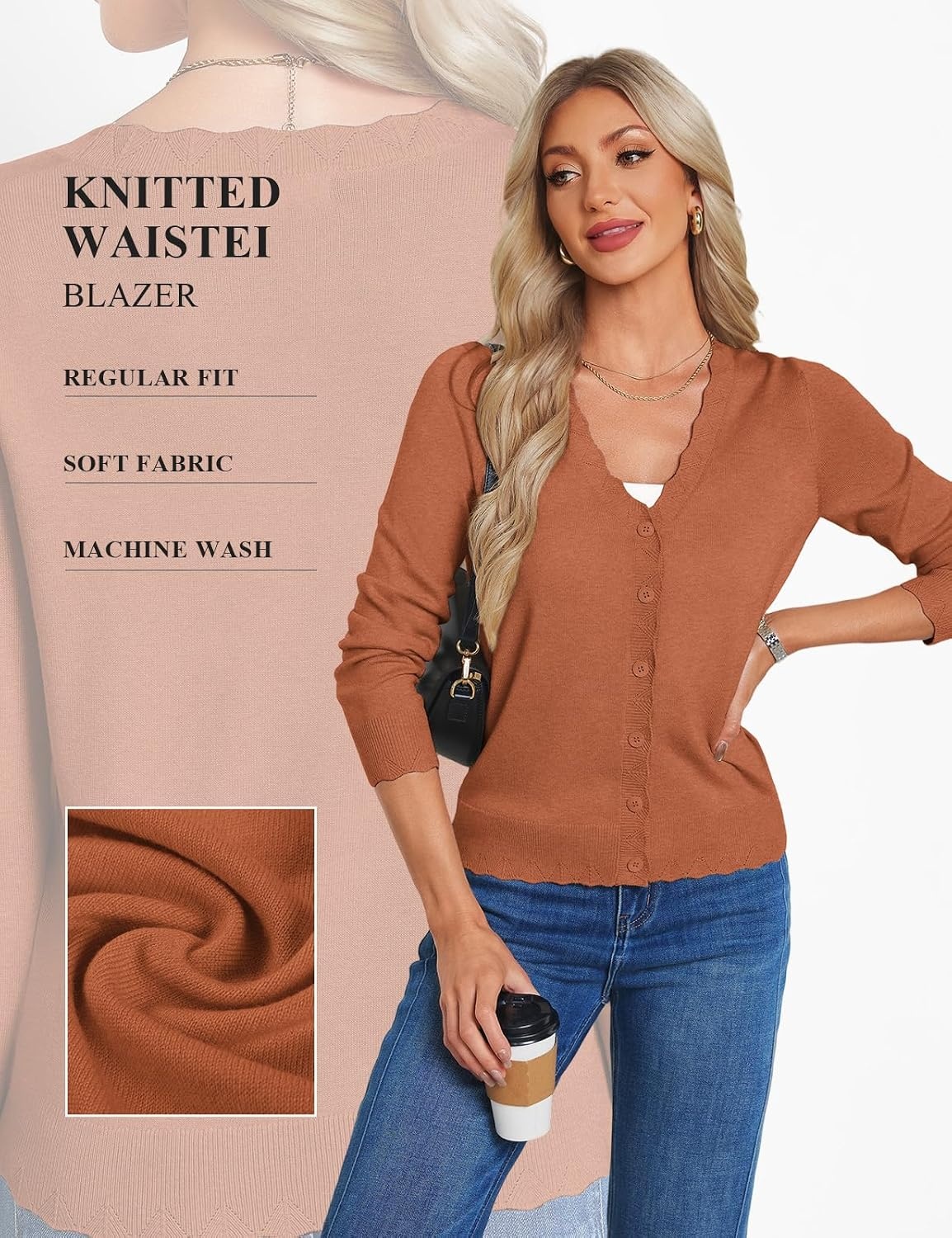 image:imageGRACE KARIN Cardigan Sweaters for Women Wool Blend Sweater Fall Fashion Button UpLong Sleeve V Neck Open FrontSoft KnitDressy Cropped ShrugsSummer Fall ClothesBusiness Casual Teacher OutfitsPumpkin Orange