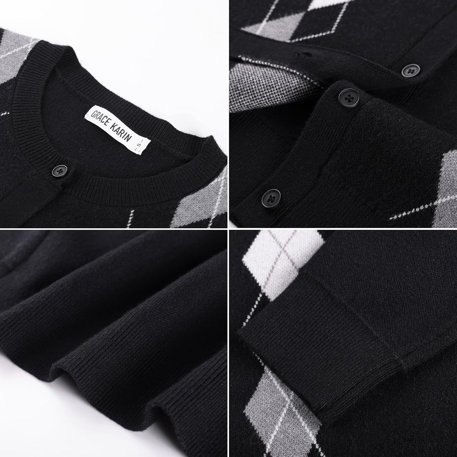 image:imageGRACE KARIN Cardigan for Women Argyle Button Up Fall Sweaters Cozy Long Sleeve Teacher OutfitsArgyle Black