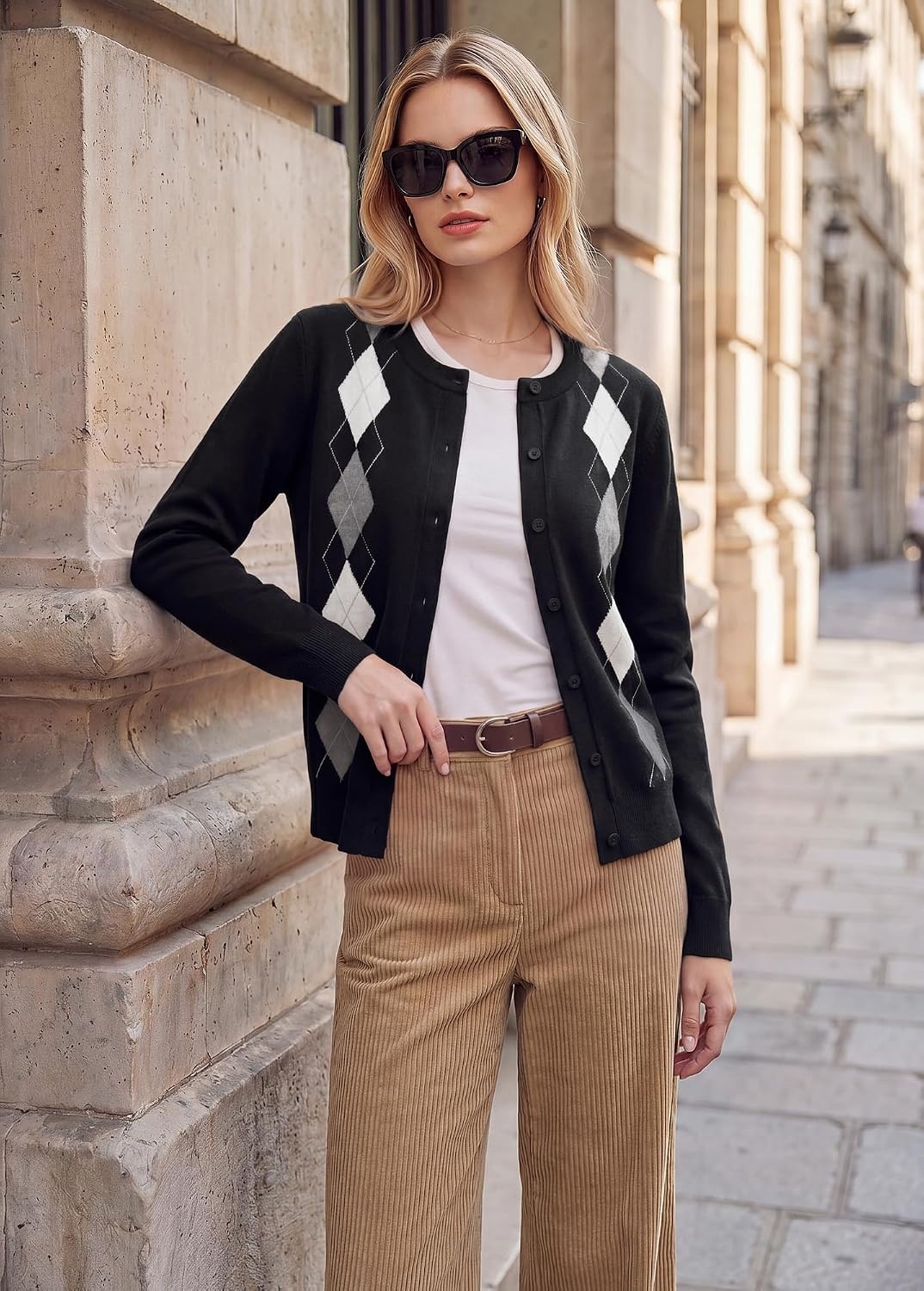 image:imageGRACE KARIN Cardigan for Women Argyle Button Up Fall Sweaters Cozy Long Sleeve Teacher OutfitsArgyle Black