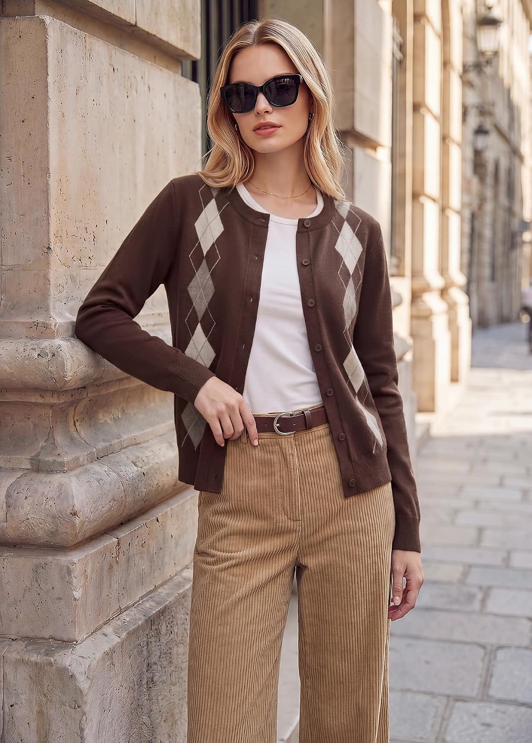 image:imageGRACE KARIN Cardigan for Women Argyle Button Up Fall Sweaters Cozy Long Sleeve Teacher OutfitsArgyle Brown