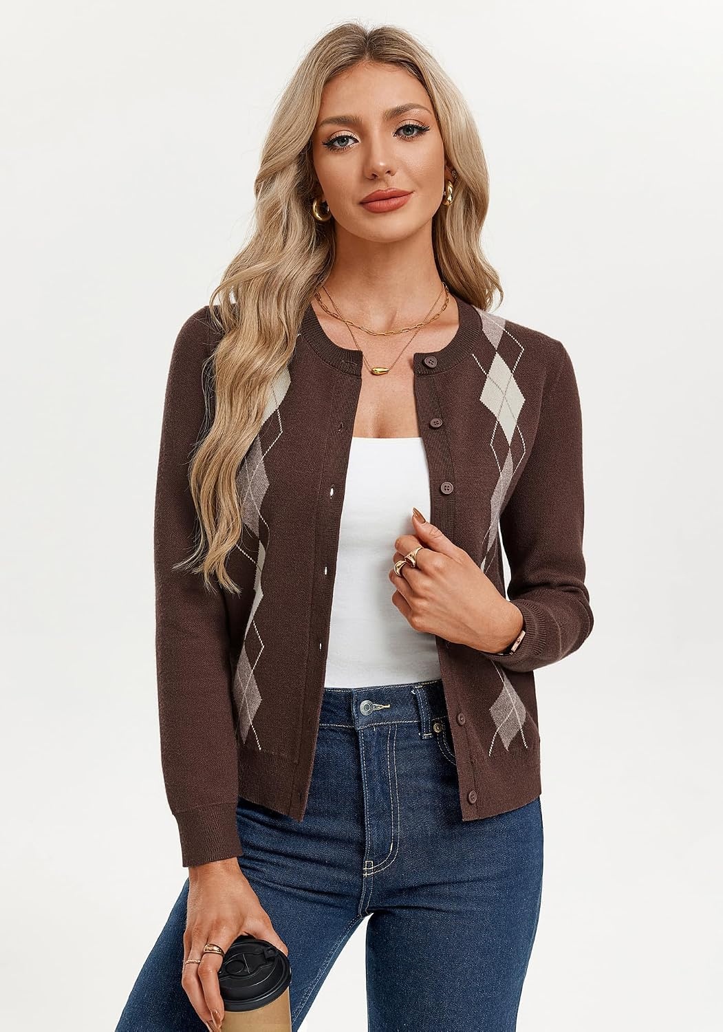 image:imageGRACE KARIN Cardigan for Women Argyle Button Up Fall Sweaters Cozy Long Sleeve Teacher OutfitsArgyle Brown