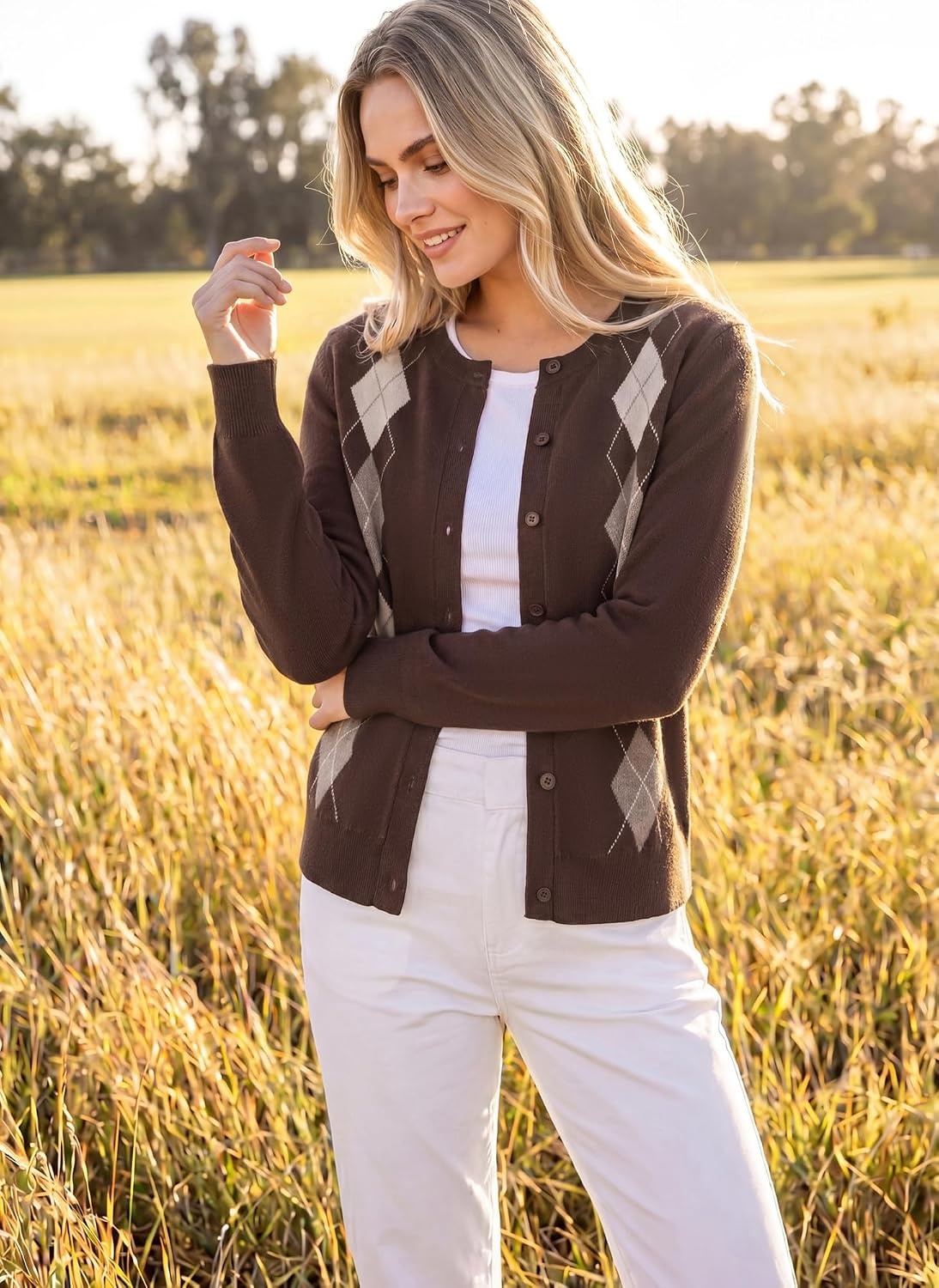 image:imageGRACE KARIN Cardigan for Women Argyle Button Up Fall Sweaters Cozy Long Sleeve Teacher OutfitsArgyle Brown