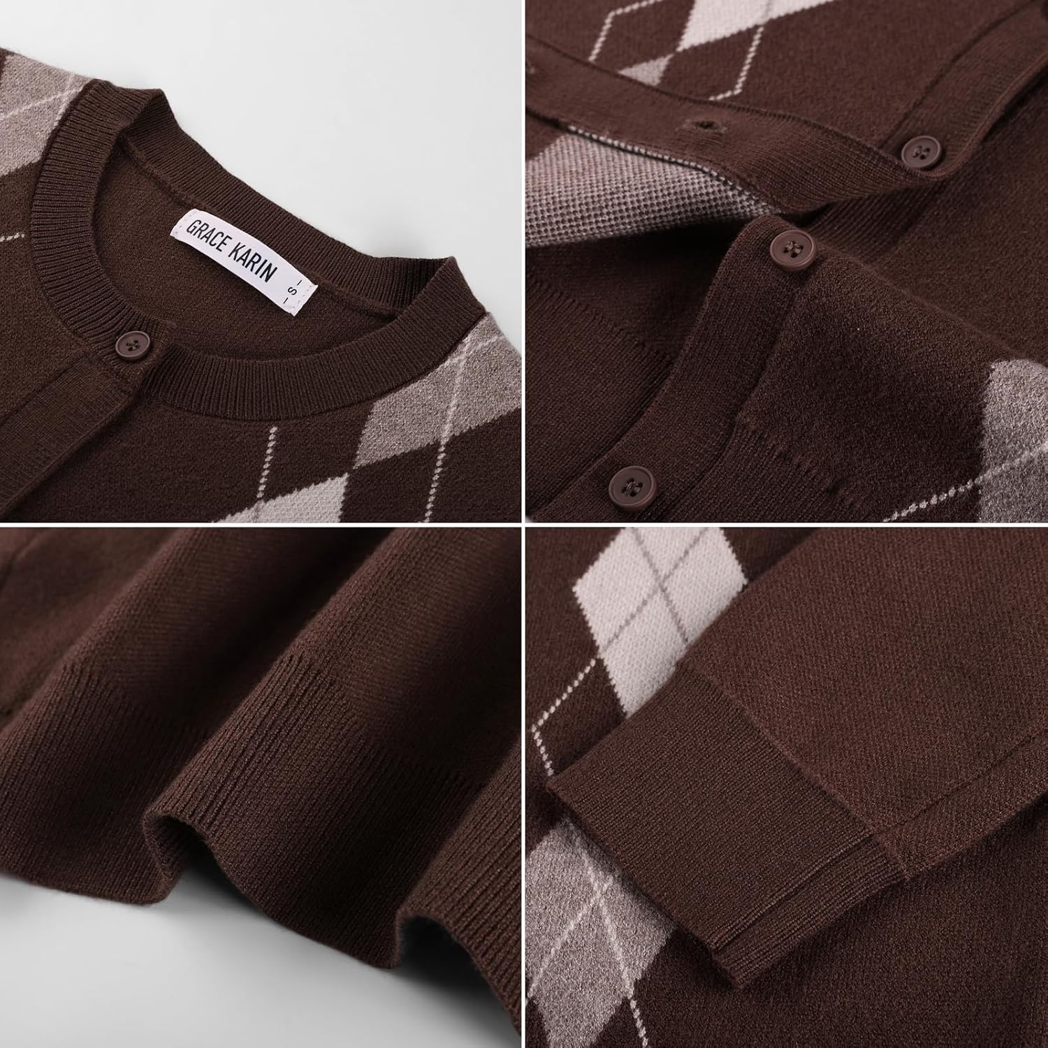 image:imageGRACE KARIN Cardigan for Women Argyle Button Up Fall Sweaters Cozy Long Sleeve Teacher OutfitsArgyle Brown