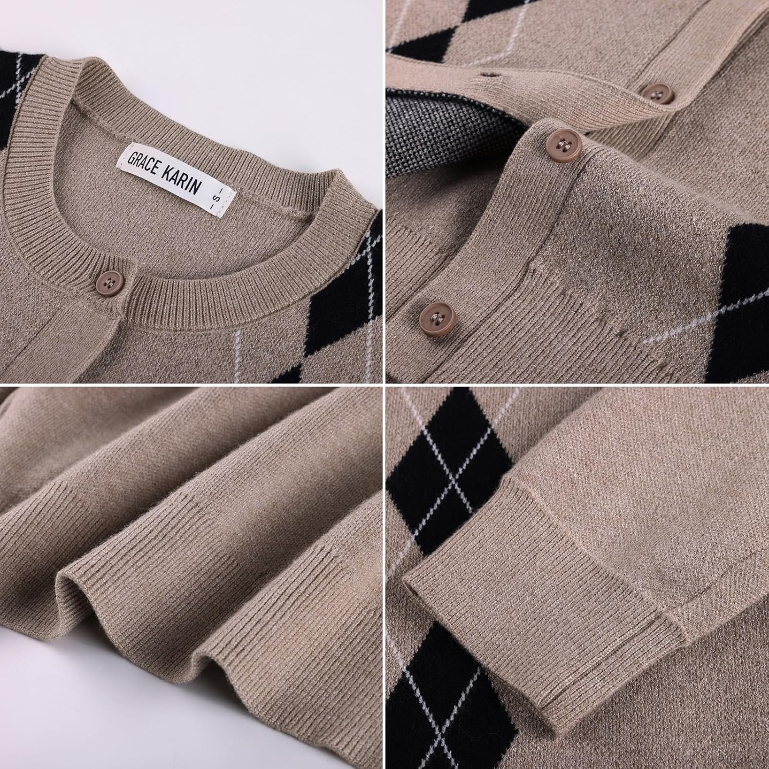 image:imageGRACE KARIN Cardigan for Women Argyle Button Up Fall Sweaters Cozy Long Sleeve Teacher OutfitsArgyle Khaki
