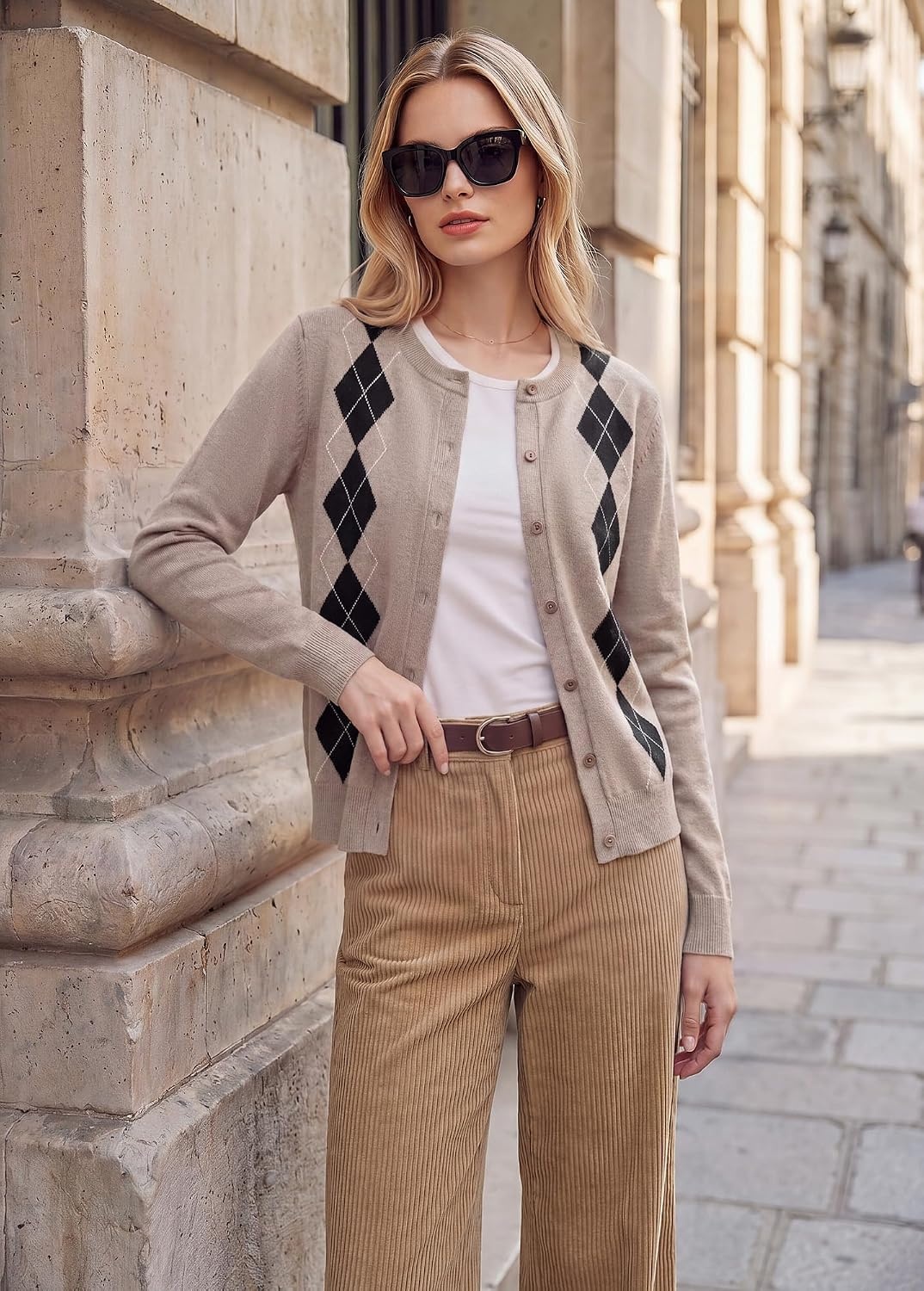 image:imageGRACE KARIN Cardigan for Women Argyle Button Up Fall Sweaters Cozy Long Sleeve Teacher OutfitsArgyle Khaki