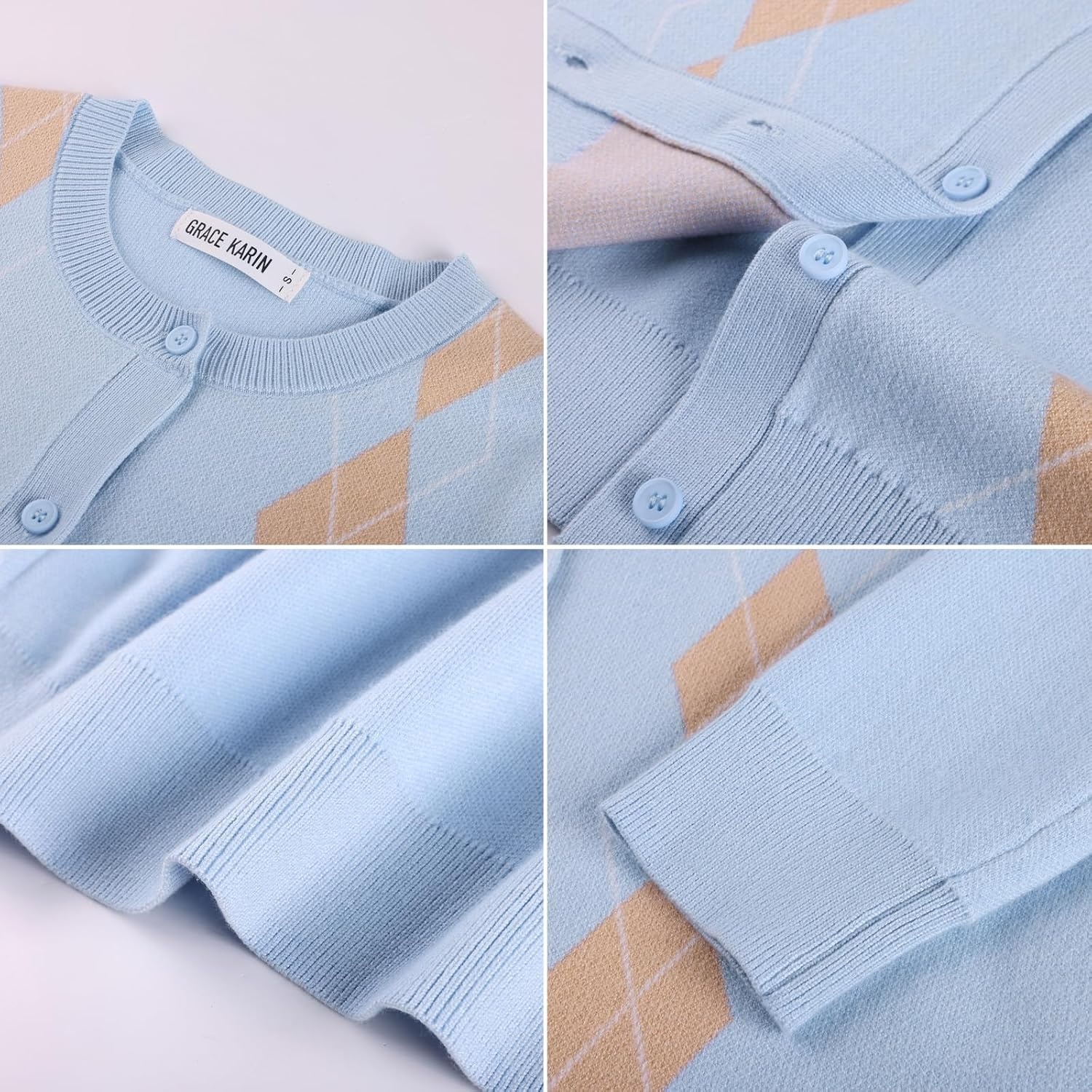 image:imageGRACE KARIN Cardigan for Women Argyle Button Up Fall Sweaters Cozy Long Sleeve Teacher OutfitsArgyle Light Blue
