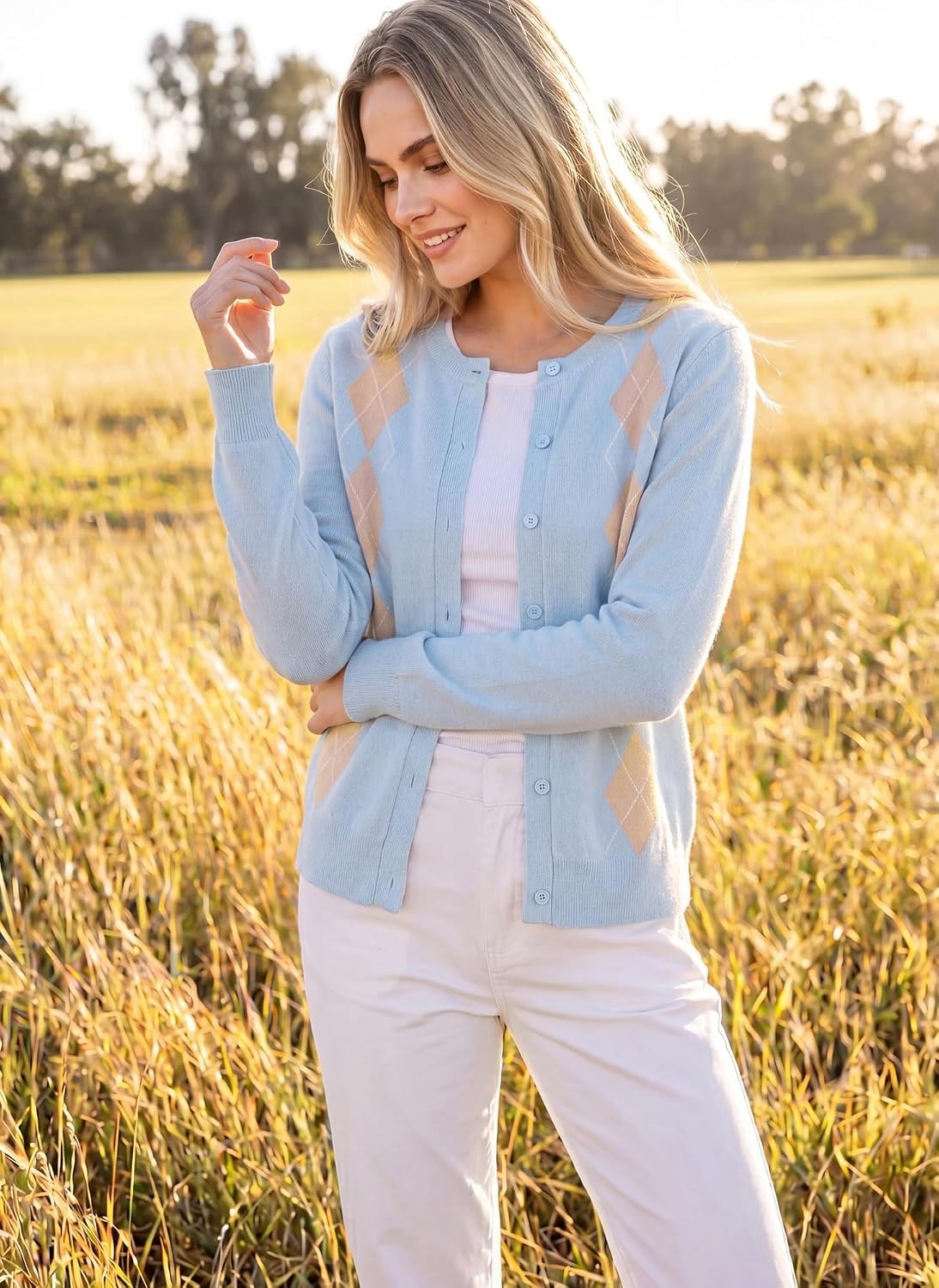 image:imageGRACE KARIN Cardigan for Women Argyle Button Up Fall Sweaters Cozy Long Sleeve Teacher OutfitsArgyle Light Blue