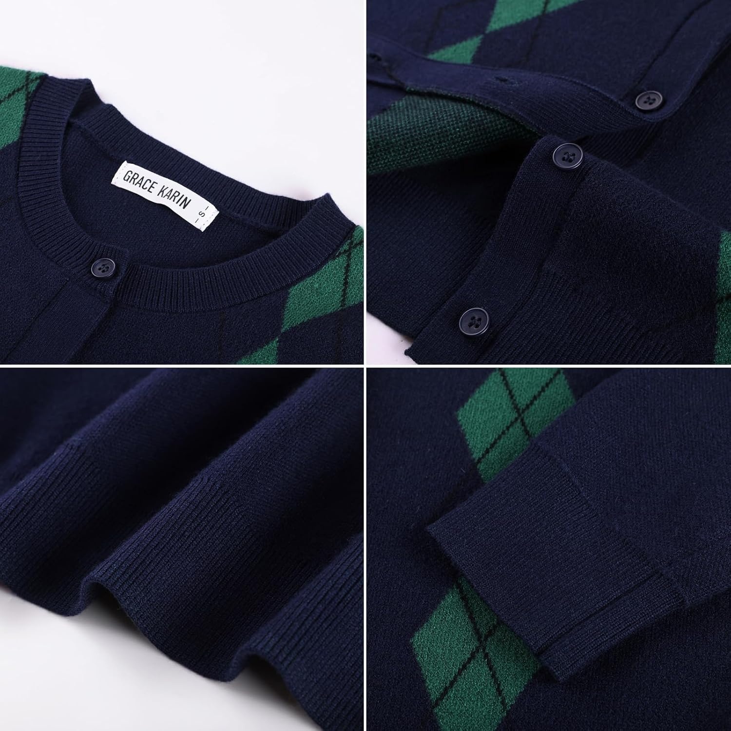 image:imageGRACE KARIN Cardigan for Women Argyle Button Up Fall Sweaters Cozy Long Sleeve Teacher OutfitsArgyle Navy Blue