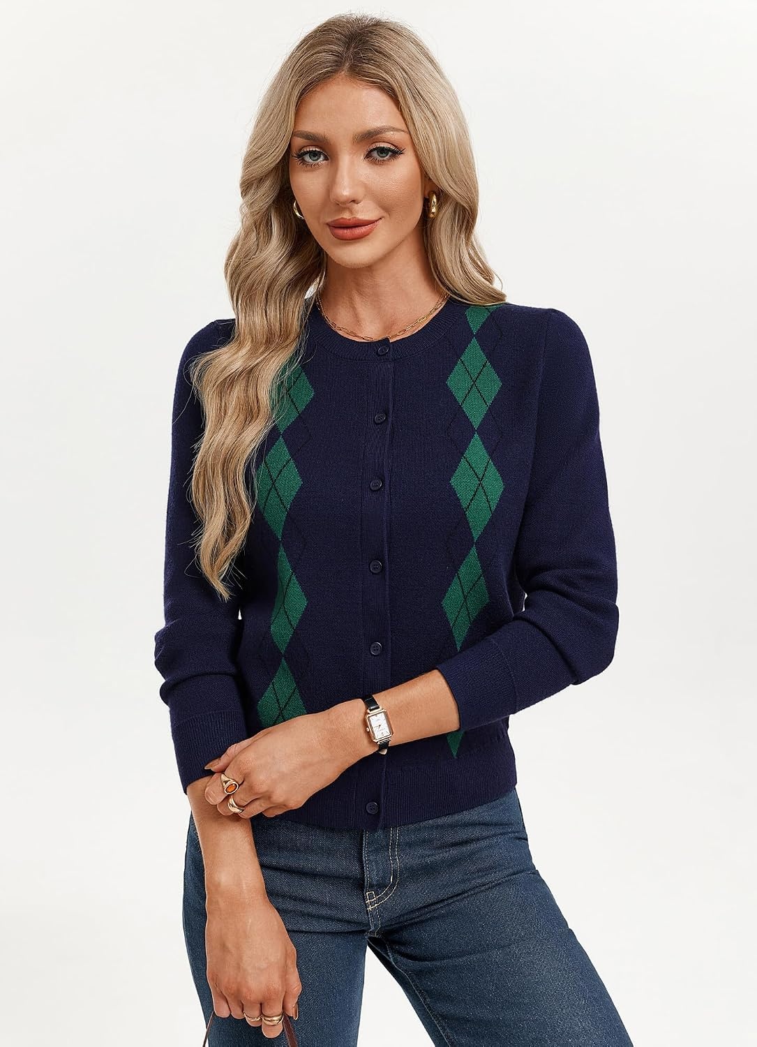 image:imageGRACE KARIN Cardigan for Women Argyle Button Up Fall Sweaters Cozy Long Sleeve Teacher OutfitsArgyle Navy Blue