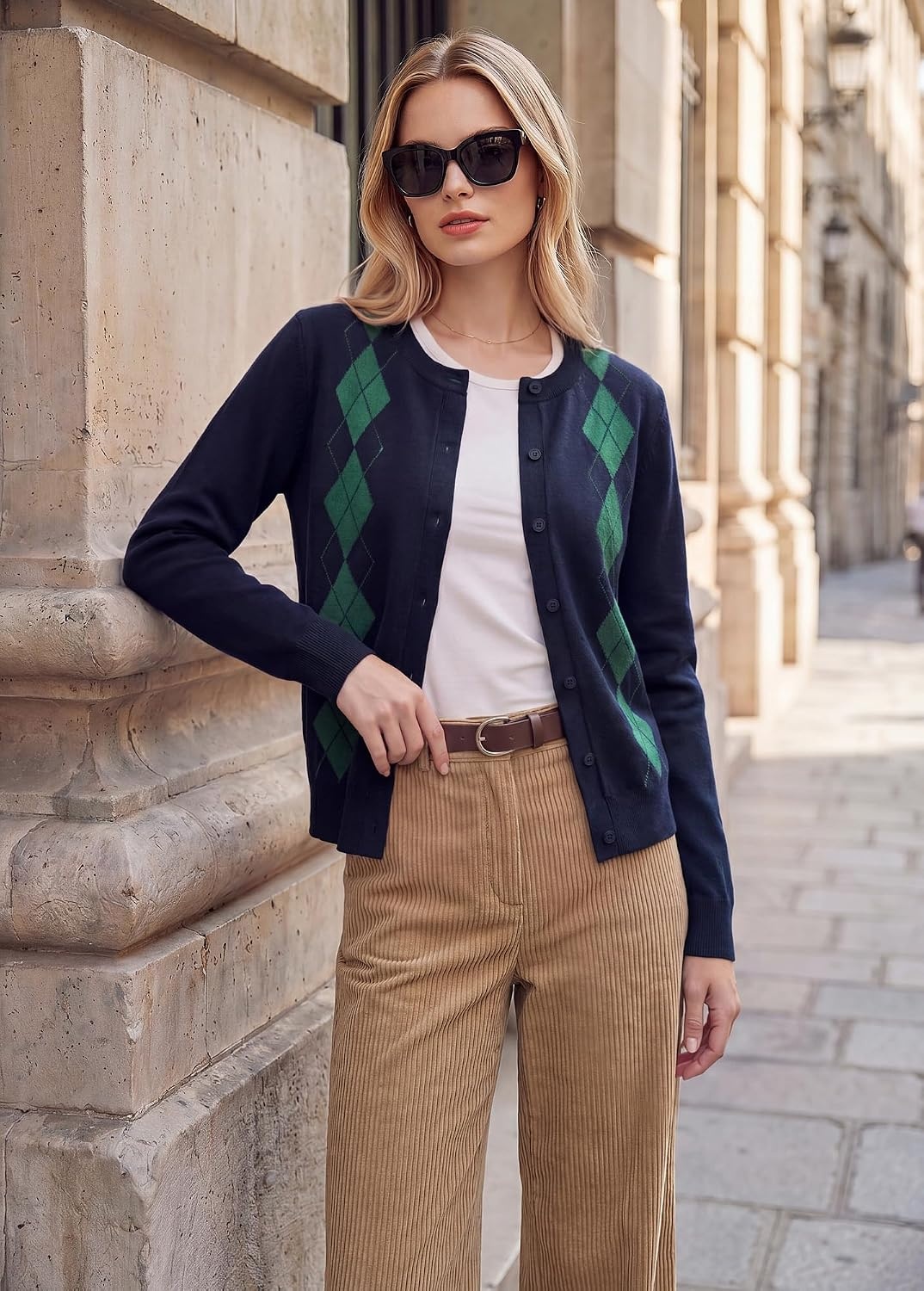 image:imageGRACE KARIN Cardigan for Women Argyle Button Up Fall Sweaters Cozy Long Sleeve Teacher OutfitsArgyle Navy Blue