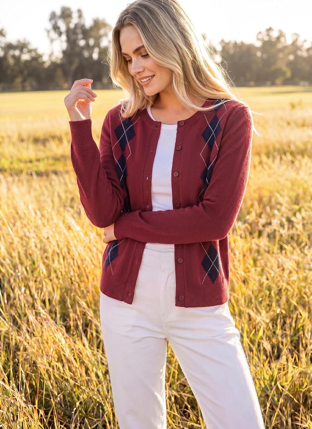 image:imageGRACE KARIN Cardigan for Women Argyle Button Up Fall Sweaters Cozy Long Sleeve Teacher OutfitsArgyle Red