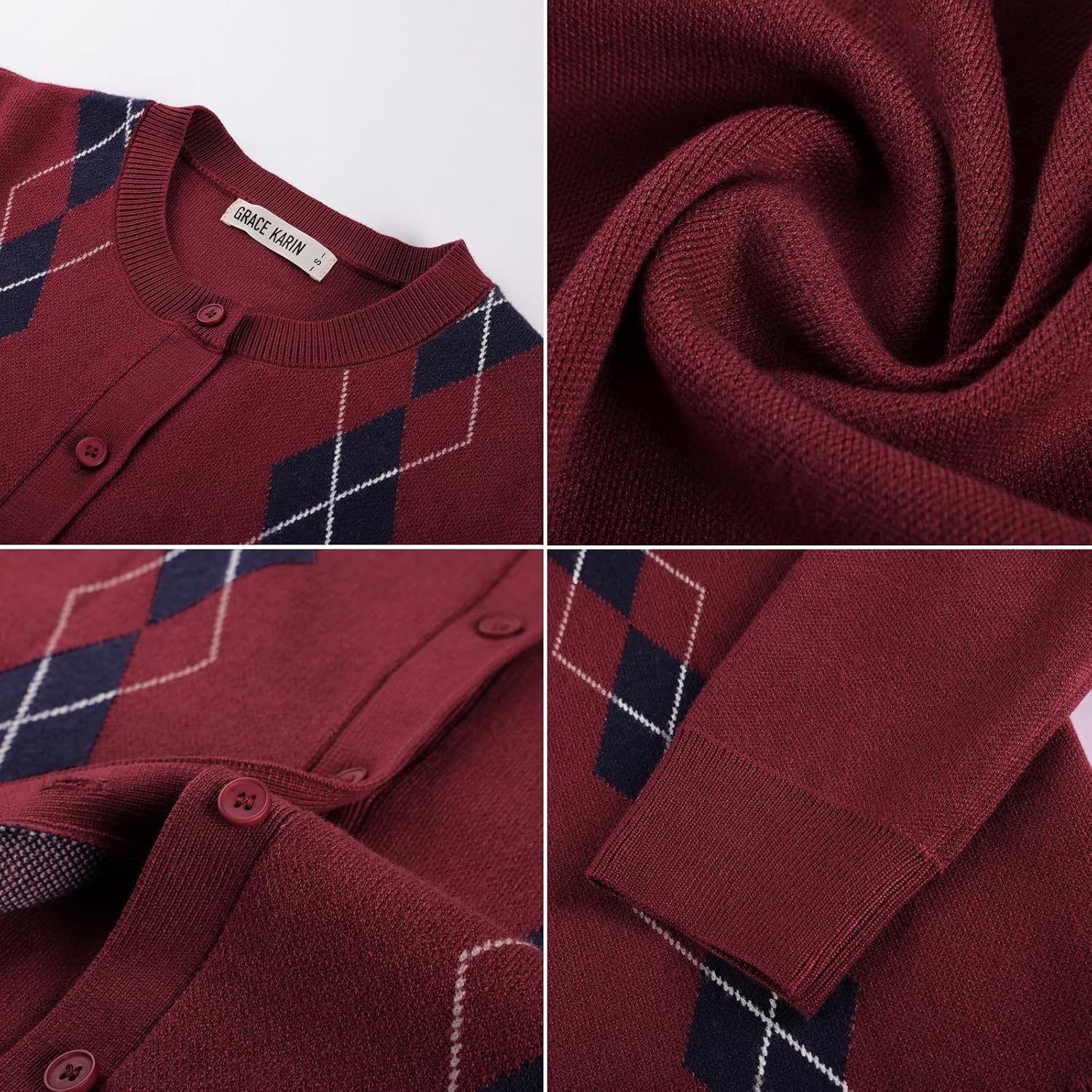 image:imageGRACE KARIN Cardigan for Women Argyle Button Up Fall Sweaters Cozy Long Sleeve Teacher OutfitsArgyle Red