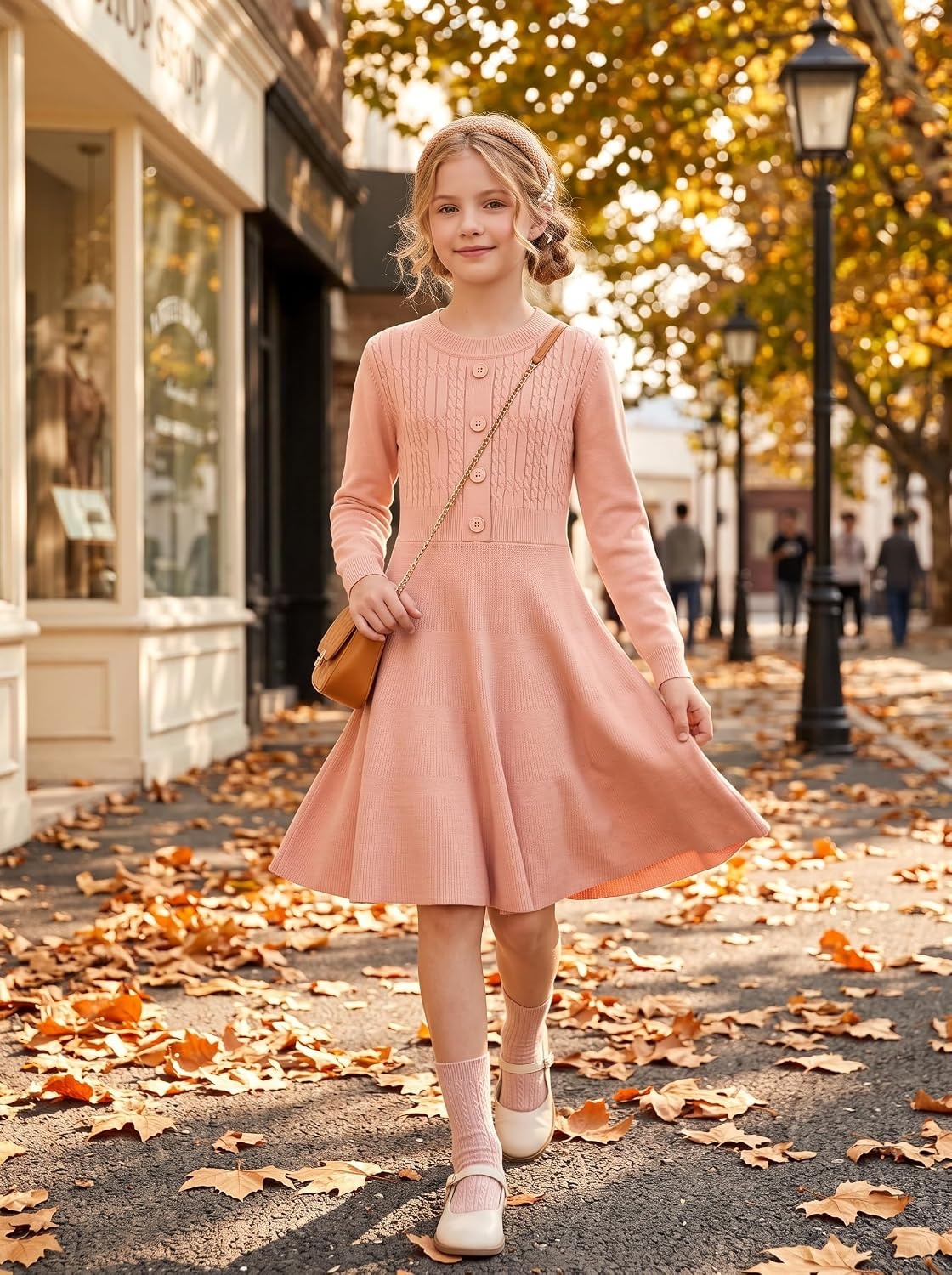 image:imageGRACE KARIN Girl Dress Long Sleeve Sweater Ruffle Button Front Knit Casual Fall Winter Dresses for Girls 512Coral Pink