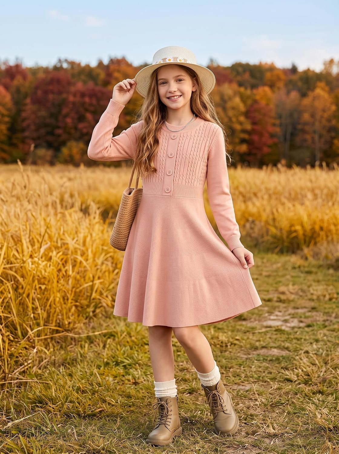 image:imageGRACE KARIN Girl Dress Long Sleeve Sweater Ruffle Button Front Knit Casual Fall Winter Dresses for Girls 512Coral Pink