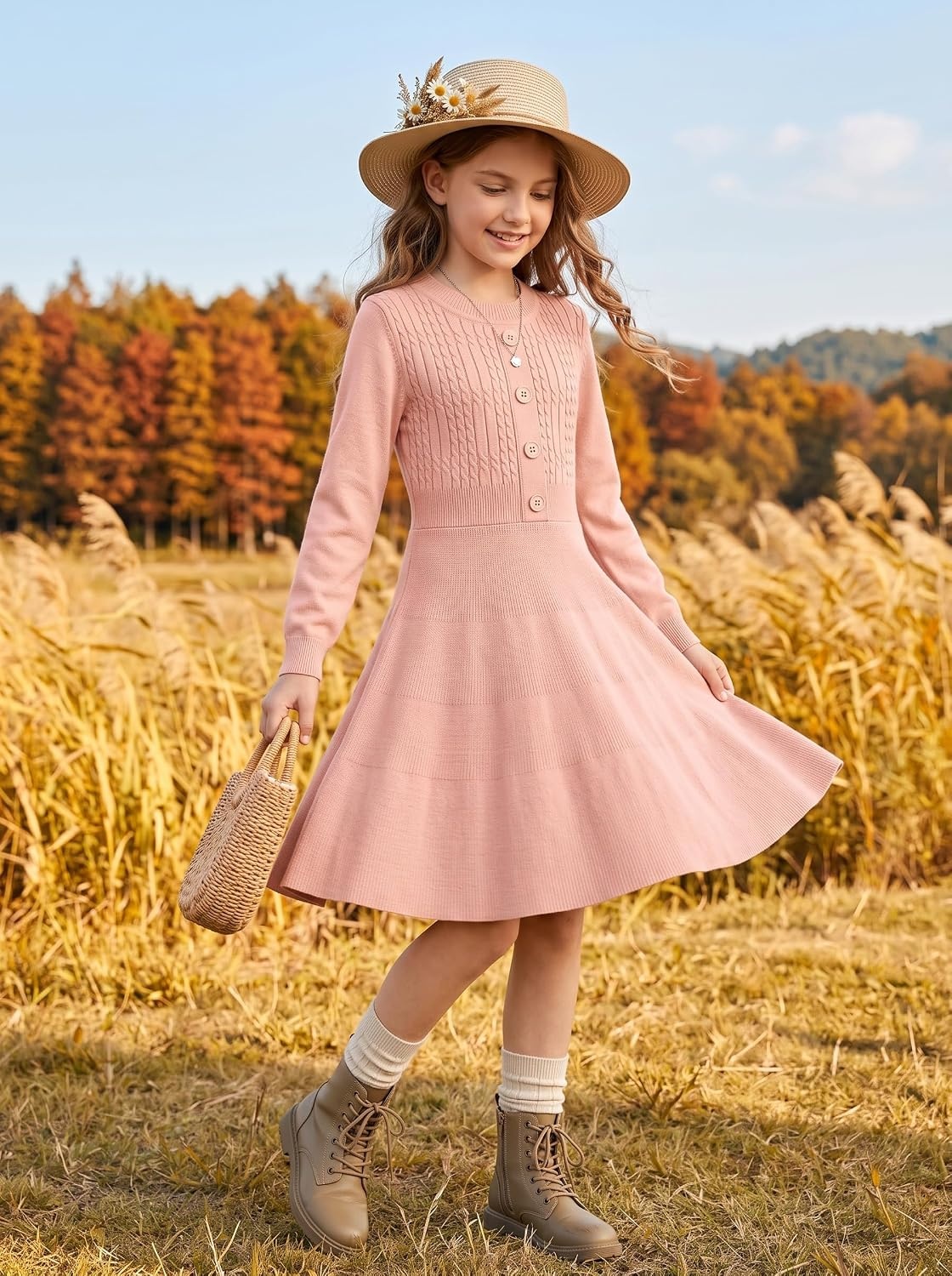 image:imageGRACE KARIN Girl Dress Long Sleeve Sweater Ruffle Button Front Knit Casual Fall Winter Dresses for Girls 512Coral Pink