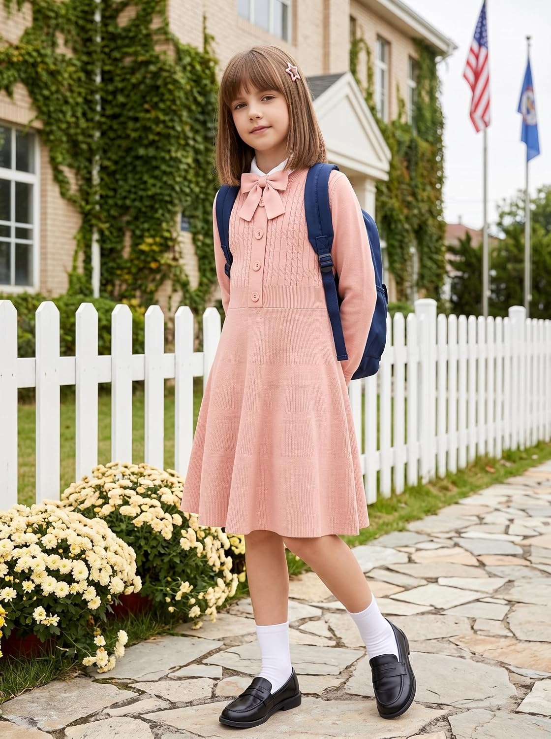 image:imageGRACE KARIN Girl Dress Long Sleeve Sweater Ruffle Button Front Knit Casual Fall Winter Dresses for Girls 512Coral Pink