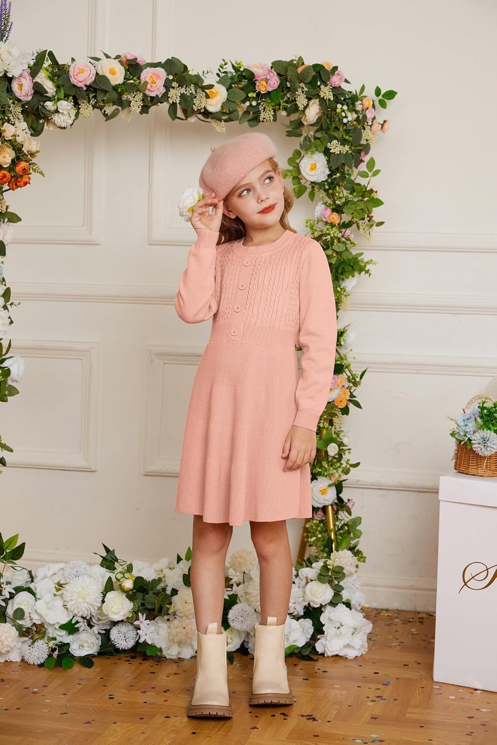 image:imageGRACE KARIN Girl Dress Long Sleeve Sweater Ruffle Button Front Knit Casual Fall Winter Dresses for Girls 512Coral Pink
