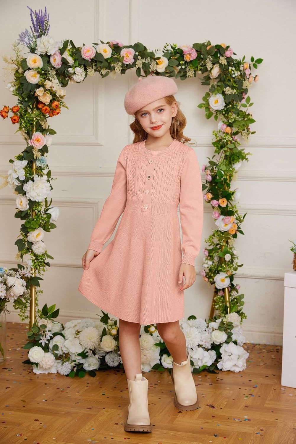 image:imageGRACE KARIN Girl Dress Long Sleeve Sweater Ruffle Button Front Knit Casual Fall Winter Dresses for Girls 512Coral Pink