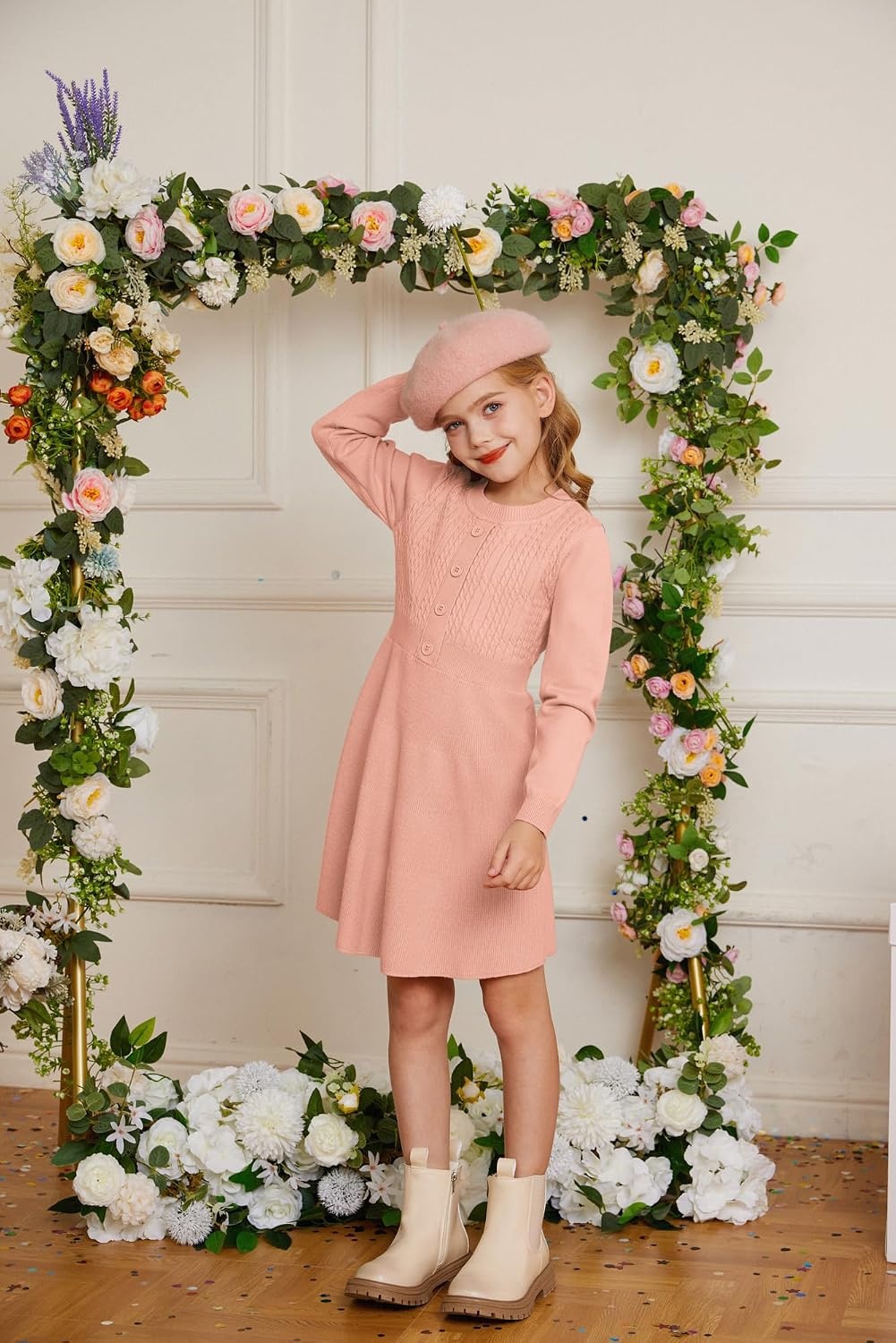 image:imageGRACE KARIN Girl Dress Long Sleeve Sweater Ruffle Button Front Knit Casual Fall Winter Dresses for Girls 512Coral Pink