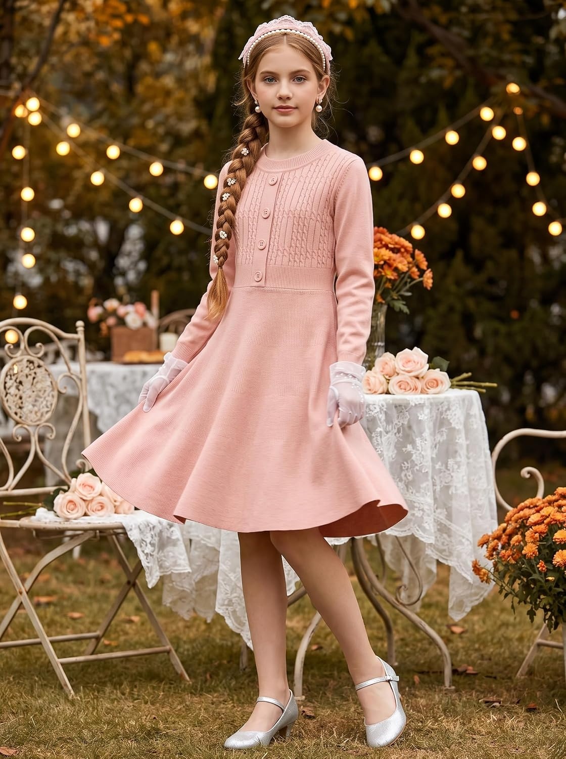 image:imageGRACE KARIN Girl Dress Long Sleeve Sweater Ruffle Button Front Knit Casual Fall Winter Dresses for Girls 512Coral Pink