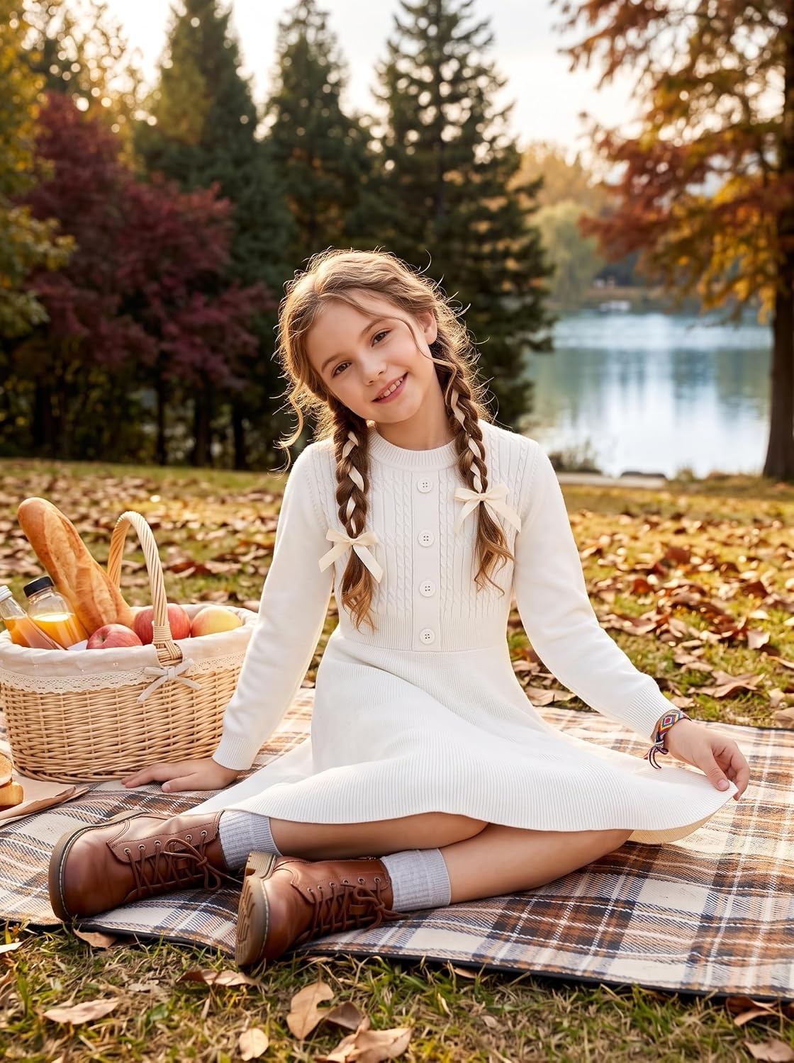 image:imageGRACE KARIN Girl Dress Long Sleeve Sweater Ruffle Button Front Knit Casual Fall Winter Dresses for Girls 512Ivory White