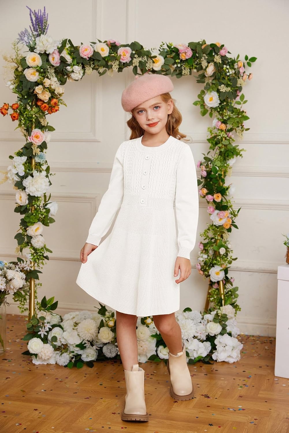 image:imageGRACE KARIN Girl Dress Long Sleeve Sweater Ruffle Button Front Knit Casual Fall Winter Dresses for Girls 512Ivory White