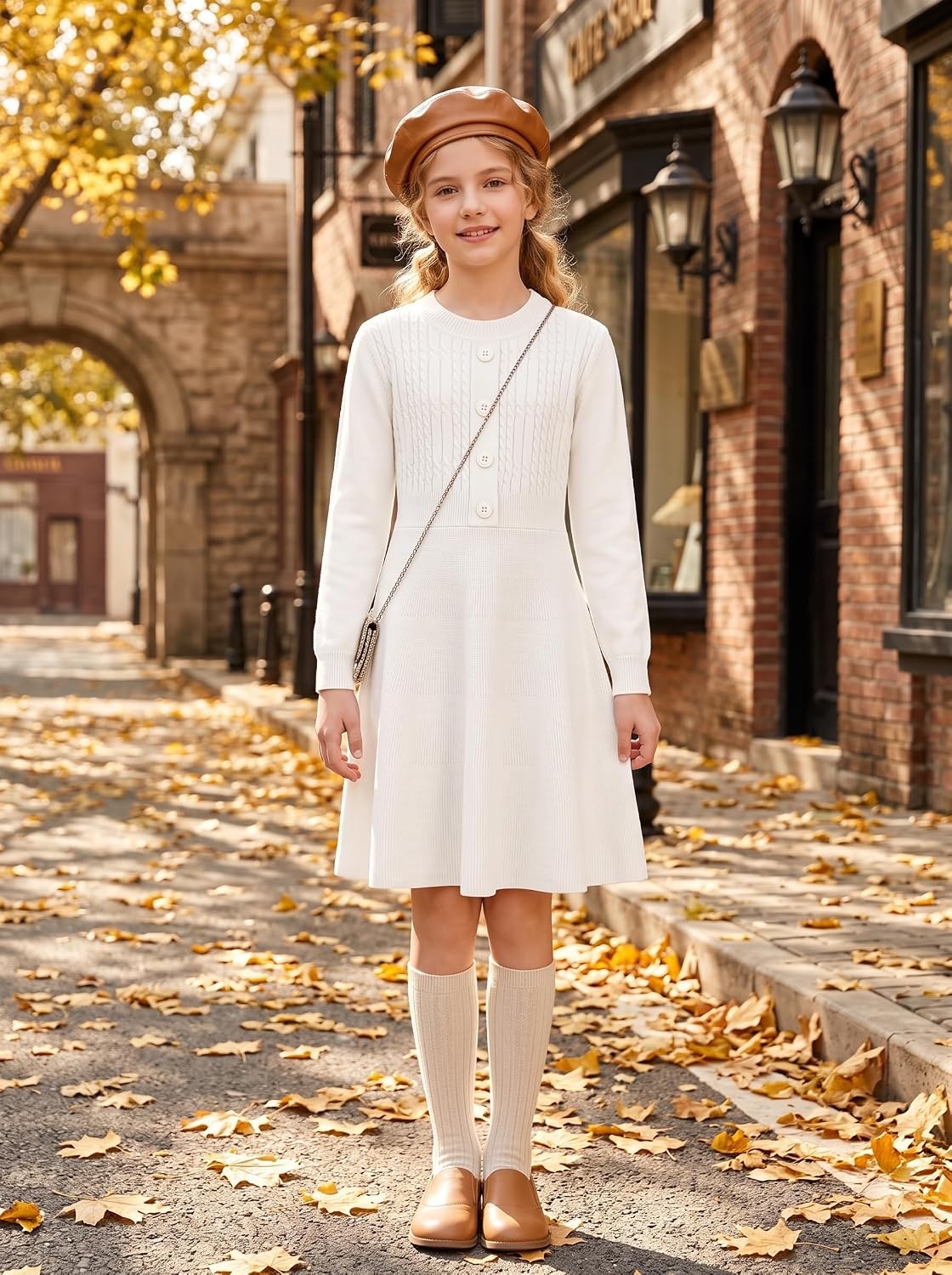 image:imageGRACE KARIN Girl Dress Long Sleeve Sweater Ruffle Button Front Knit Casual Fall Winter Dresses for Girls 512Ivory White