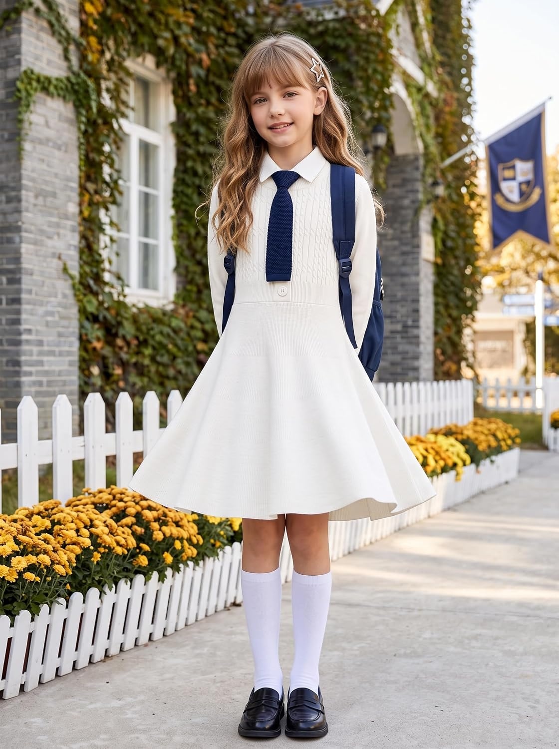 image:imageGRACE KARIN Girl Dress Long Sleeve Sweater Ruffle Button Front Knit Casual Fall Winter Dresses for Girls 512Ivory White