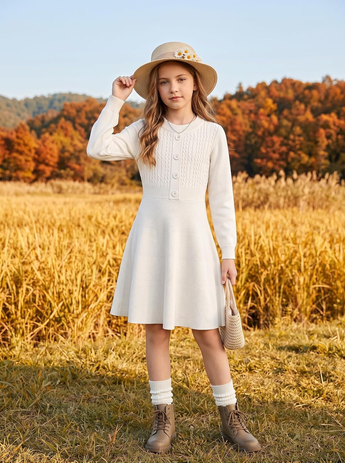 image:imageGRACE KARIN Girl Dress Long Sleeve Sweater Ruffle Button Front Knit Casual Fall Winter Dresses for Girls 512Ivory White