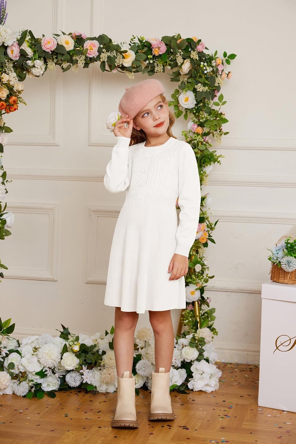 image:imageGRACE KARIN Girl Dress Long Sleeve Sweater Ruffle Button Front Knit Casual Fall Winter Dresses for Girls 512Ivory White