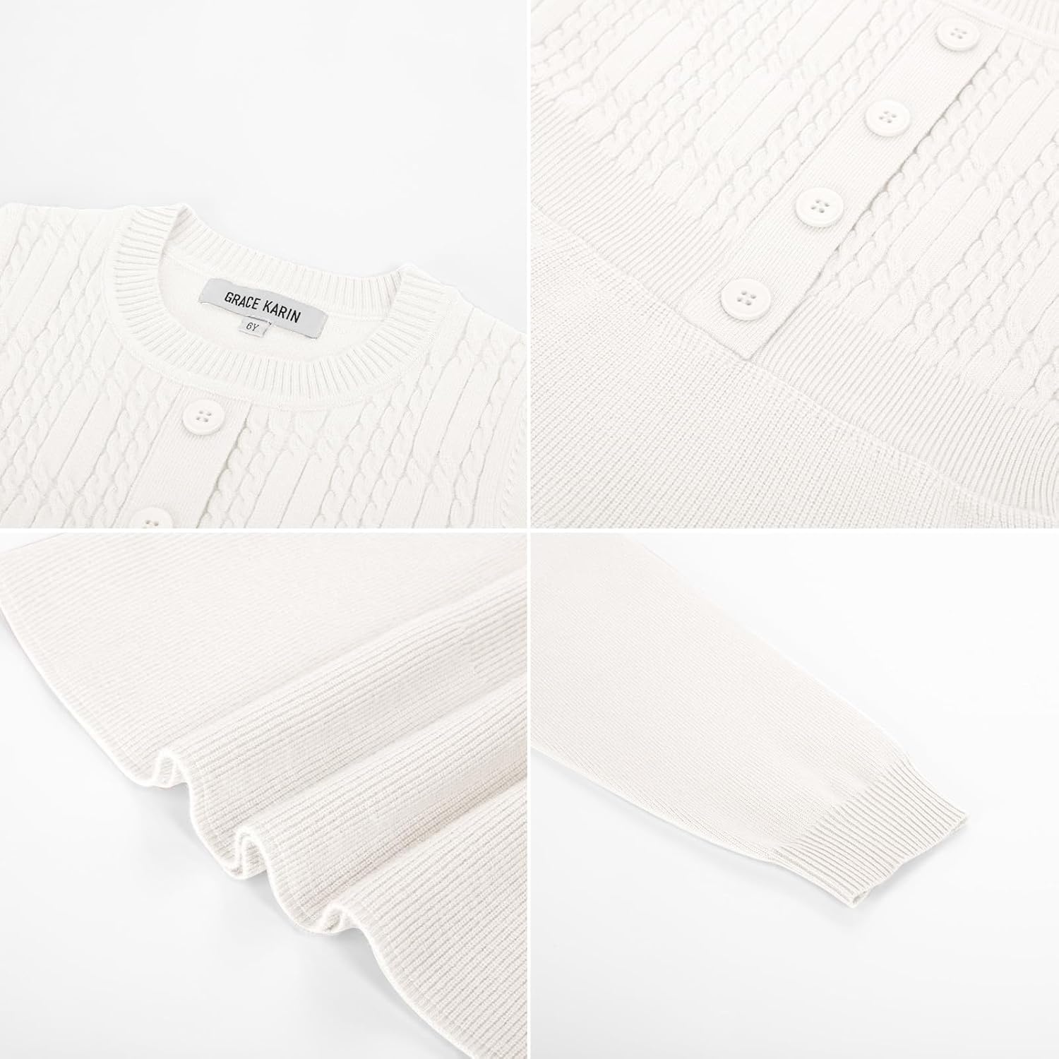 image:imageGRACE KARIN Girl Dress Long Sleeve Sweater Ruffle Button Front Knit Casual Fall Winter Dresses for Girls 512Ivory White