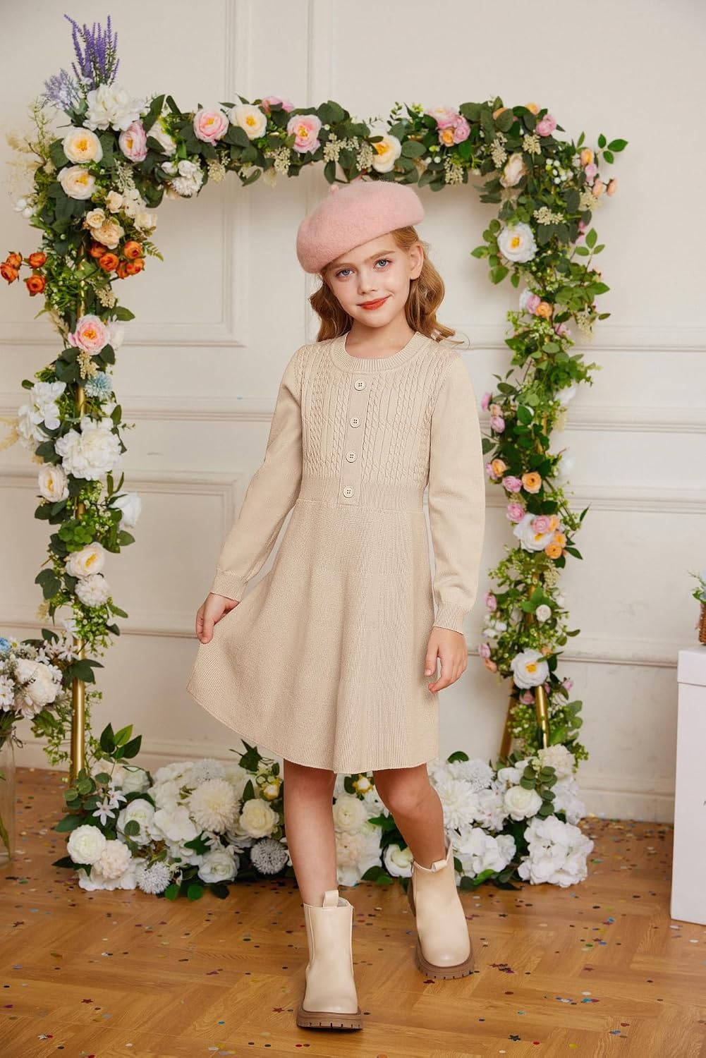 image:imageGRACE KARIN Girl Dress Long Sleeve Sweater Ruffle Button Front Knit Casual Fall Winter Dresses for Girls 512Light Camel
