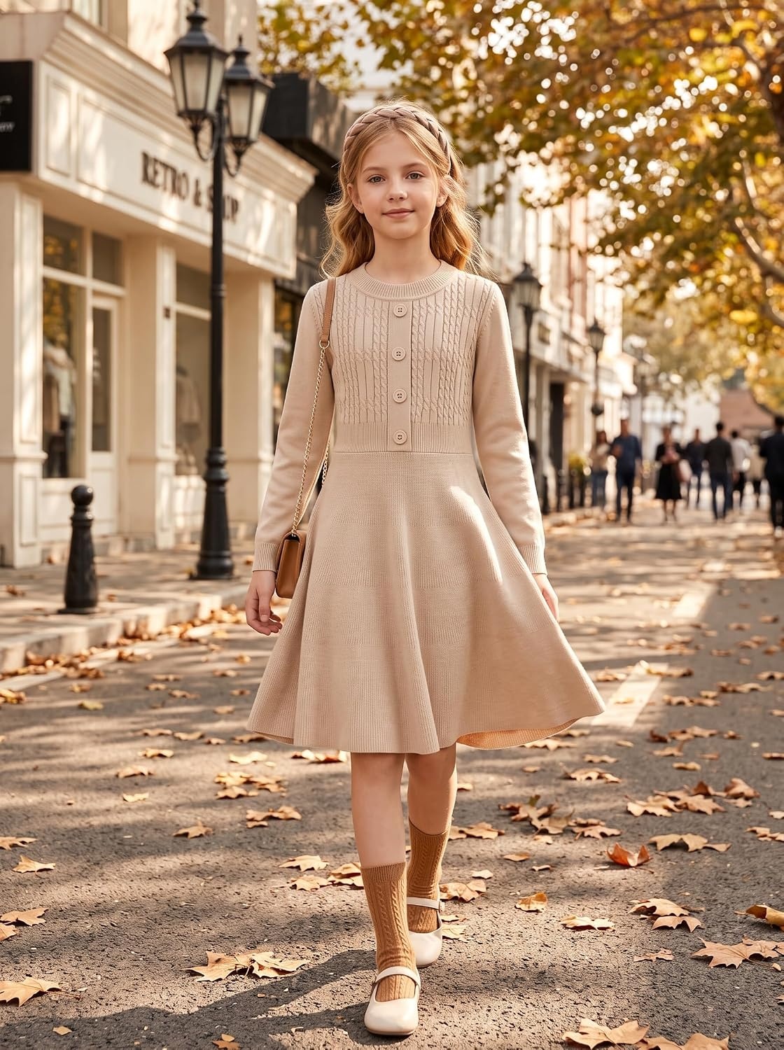 image:imageGRACE KARIN Girl Dress Long Sleeve Sweater Ruffle Button Front Knit Casual Fall Winter Dresses for Girls 512Light Camel