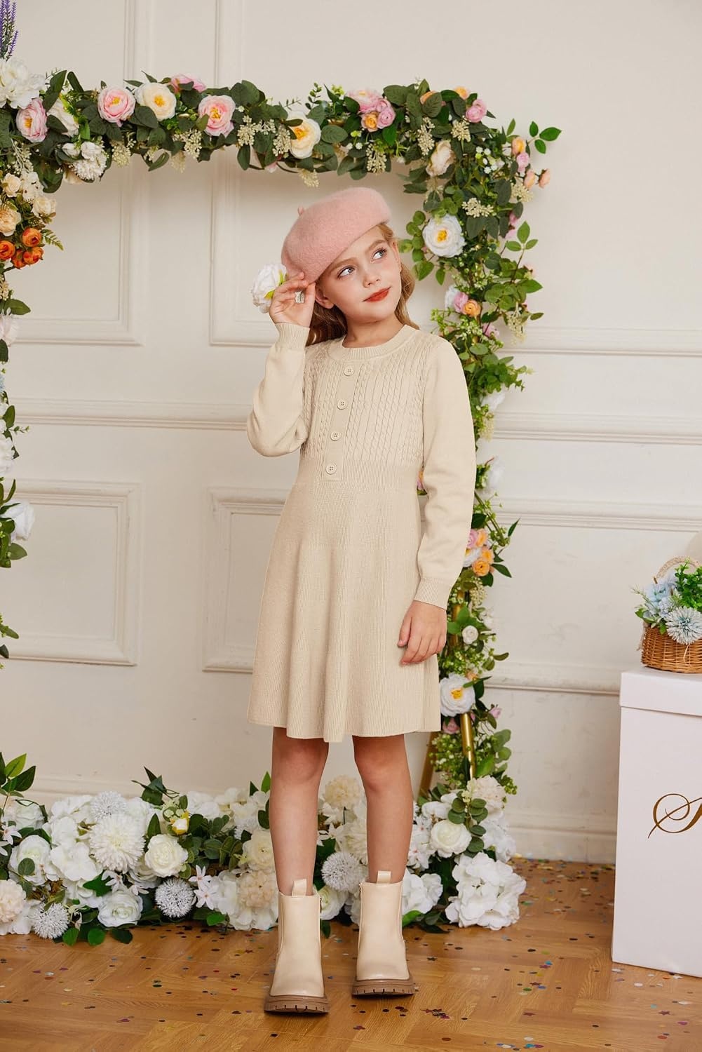 image:imageGRACE KARIN Girl Dress Long Sleeve Sweater Ruffle Button Front Knit Casual Fall Winter Dresses for Girls 512Light Camel