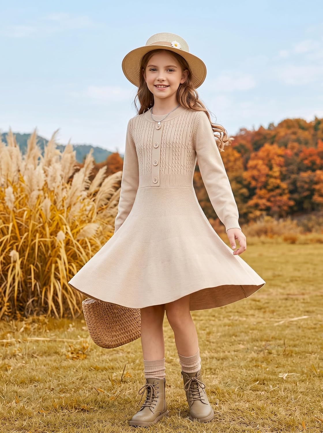 image:imageGRACE KARIN Girl Dress Long Sleeve Sweater Ruffle Button Front Knit Casual Fall Winter Dresses for Girls 512Light Camel