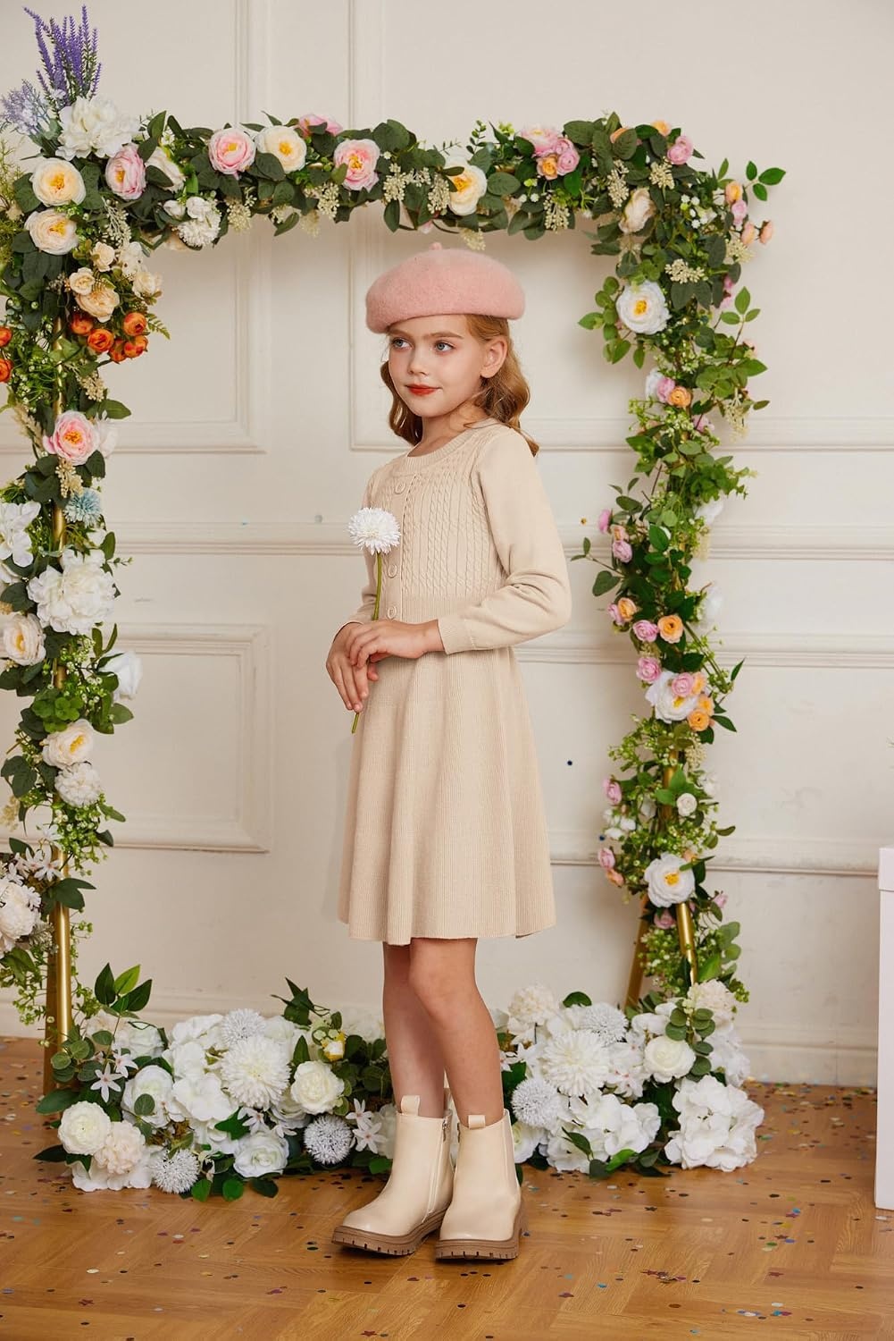 image:imageGRACE KARIN Girl Dress Long Sleeve Sweater Ruffle Button Front Knit Casual Fall Winter Dresses for Girls 512Light Camel