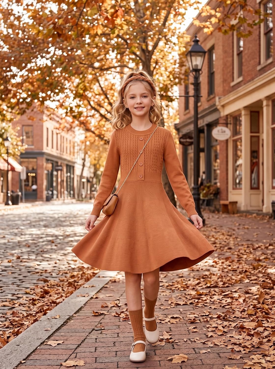 image:imageGRACE KARIN Girl Dress Long Sleeve Sweater Ruffle Button Front Knit Casual Fall Winter Dresses for Girls 512Pumpkin Orange