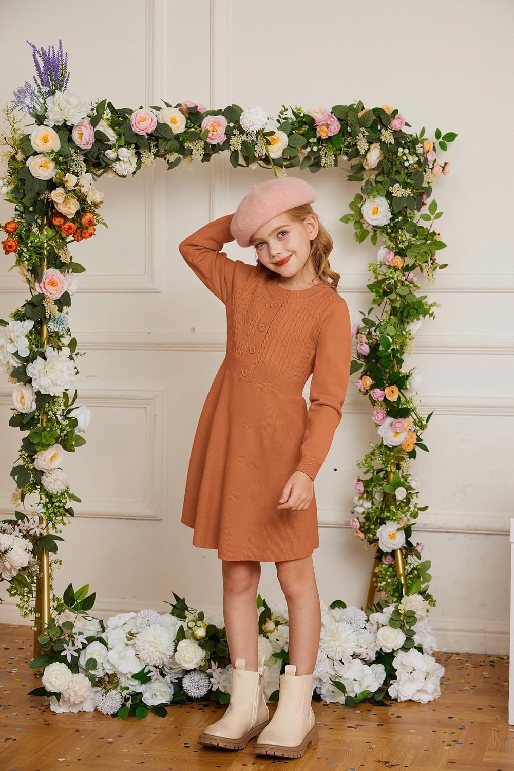 image:imageGRACE KARIN Girl Dress Long Sleeve Sweater Ruffle Button Front Knit Casual Fall Winter Dresses for Girls 512Pumpkin Orange