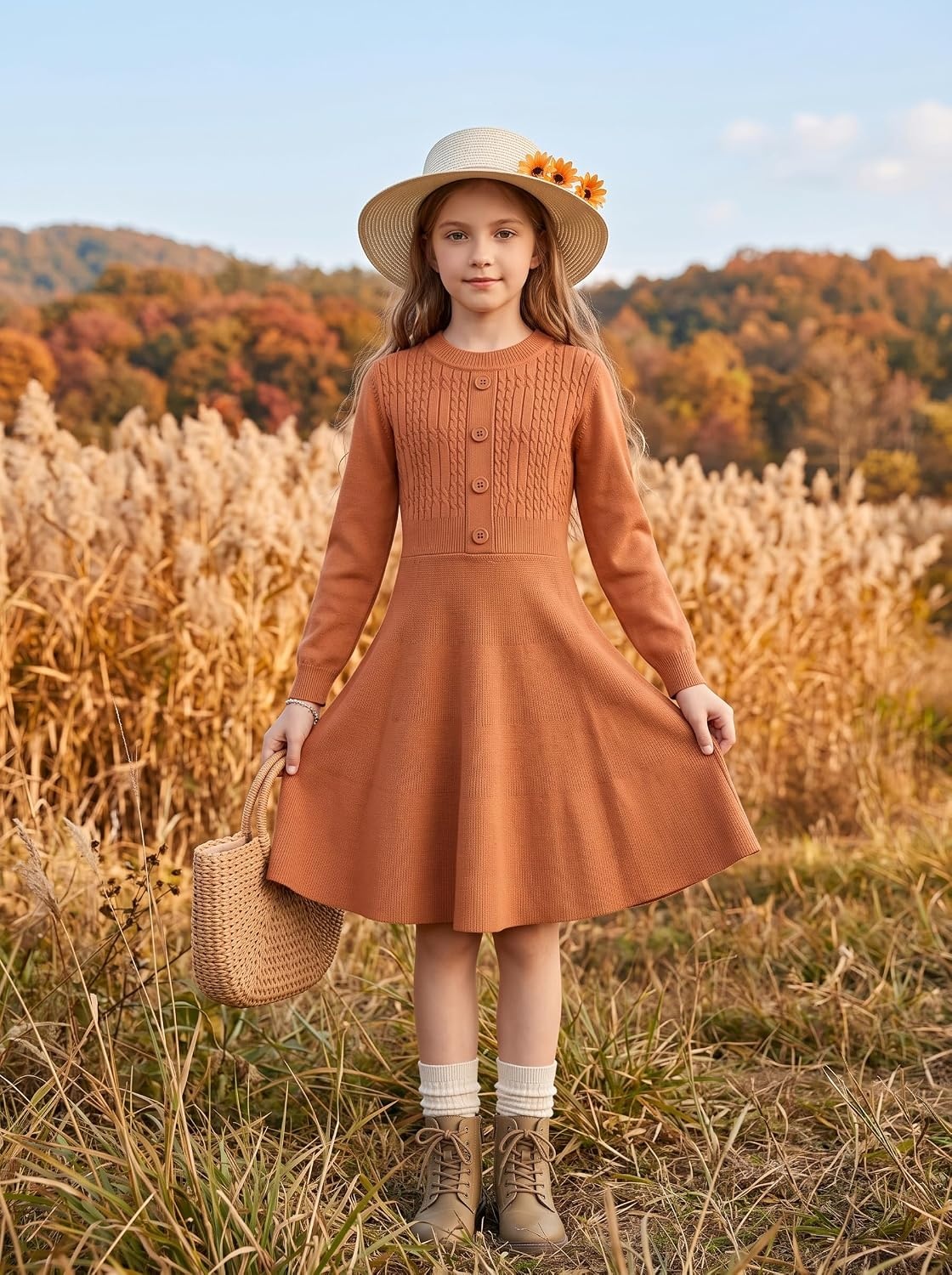image:imageGRACE KARIN Girl Dress Long Sleeve Sweater Ruffle Button Front Knit Casual Fall Winter Dresses for Girls 512Pumpkin Orange