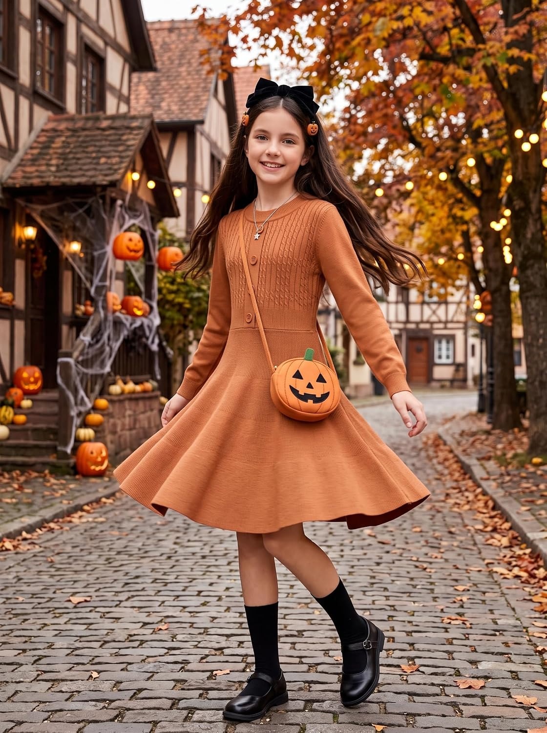 image:imageGRACE KARIN Girl Dress Long Sleeve Sweater Ruffle Button Front Knit Casual Fall Winter Dresses for Girls 512Pumpkin Orange