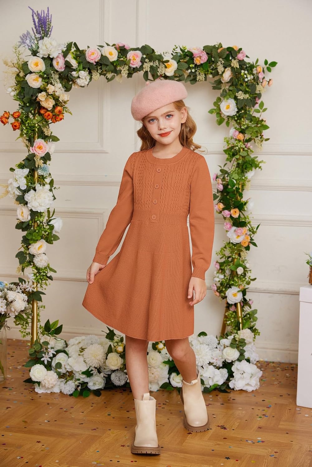 image:imageGRACE KARIN Girl Dress Long Sleeve Sweater Ruffle Button Front Knit Casual Fall Winter Dresses for Girls 512Pumpkin Orange