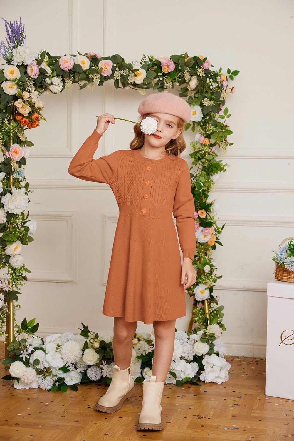 image:imageGRACE KARIN Girl Dress Long Sleeve Sweater Ruffle Button Front Knit Casual Fall Winter Dresses for Girls 512Pumpkin Orange