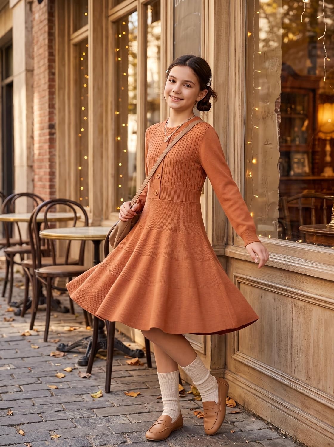 image:imageGRACE KARIN Girl Dress Long Sleeve Sweater Ruffle Button Front Knit Casual Fall Winter Dresses for Girls 512Pumpkin Orange