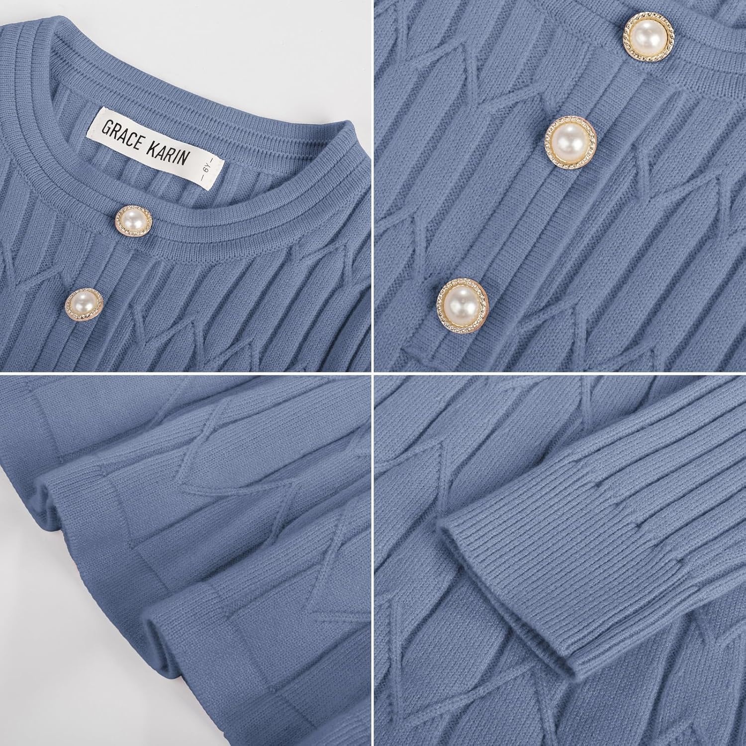 image:imageGRACE KARIN Girls Dress Fall Winter Sweater Long Sleeve Cable Knit Button Casual Dresses for Teen Girl 614YGray Blue