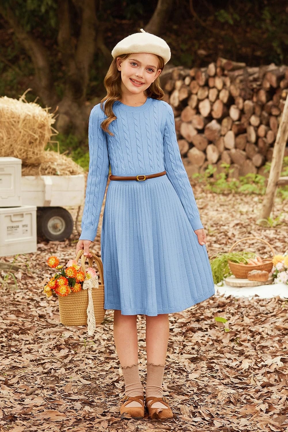 image:imageGRACE KARIN Girls Fall Sweater Dress Long Sleeve Knit Dresses 614 Years A Line Casual Midi Winter Pleated School Kids ClothesBaby Blue