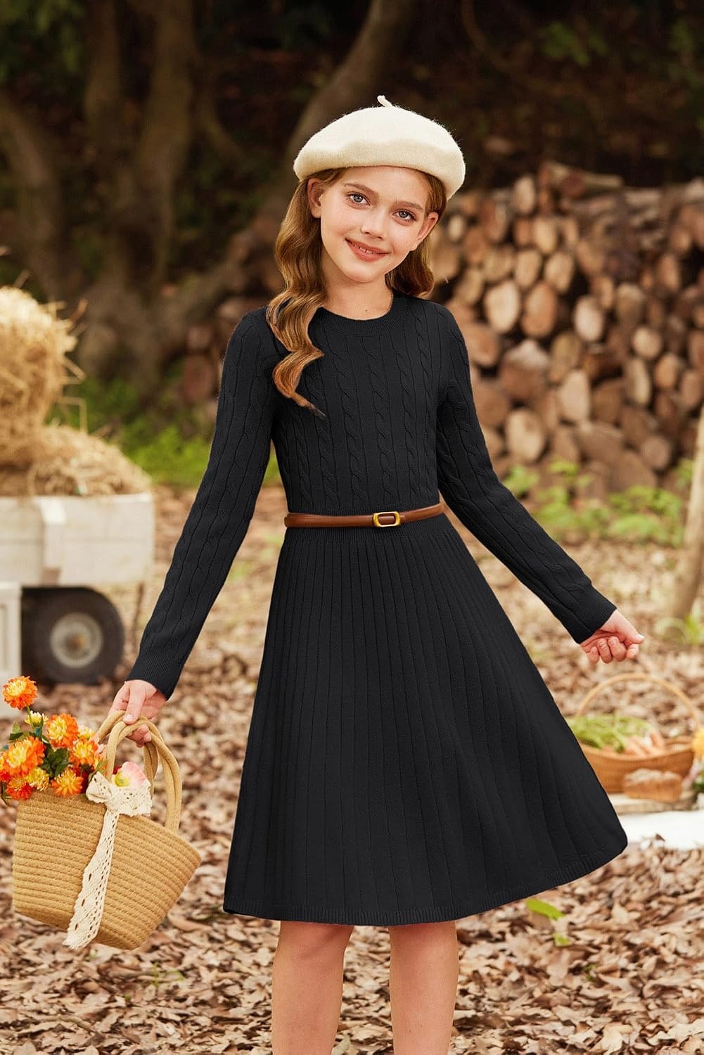 image:imageGRACE KARIN Girls Fall Sweater Dress Long Sleeve Knit Dresses 614 Years A Line Casual Midi Winter Pleated School Kids ClothesBlack