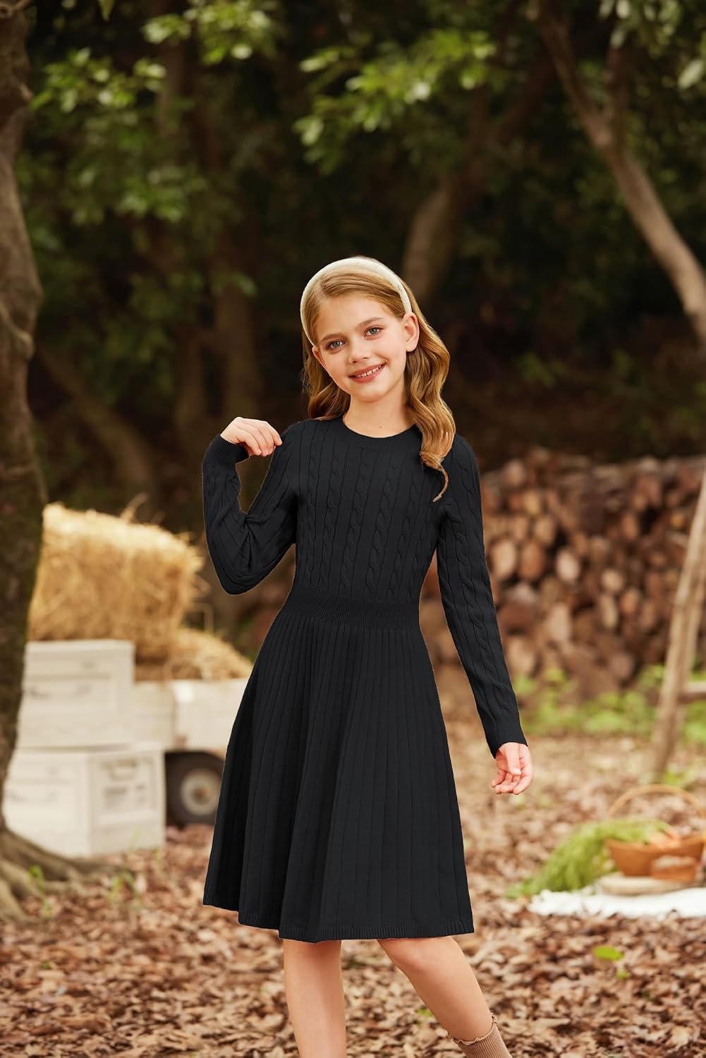 image:imageGRACE KARIN Girls Fall Sweater Dress Long Sleeve Knit Dresses 614 Years A Line Casual Midi Winter Pleated School Kids ClothesBlack