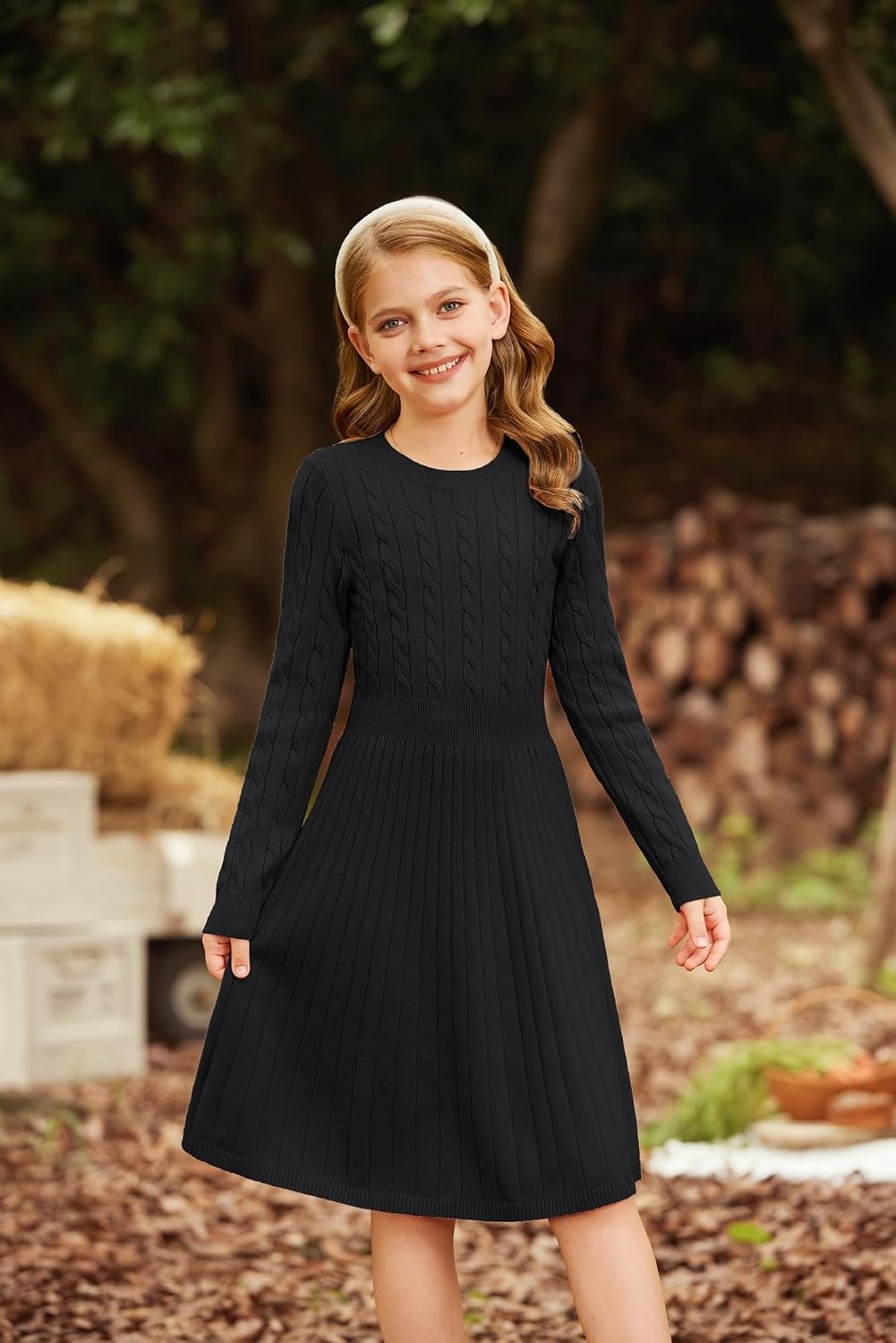 image:imageGRACE KARIN Girls Fall Sweater Dress Long Sleeve Knit Dresses 614 Years A Line Casual Midi Winter Pleated School Kids ClothesBlack